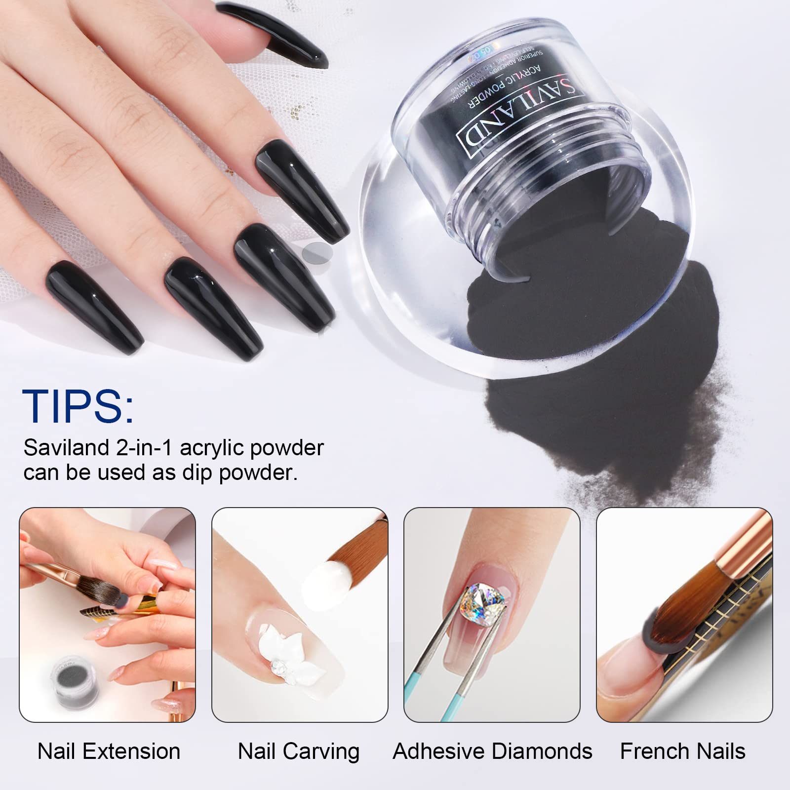 Saviland Black Acrylic Powder - 30g Professional Colored Acrylic Nail Powder for Acrylic Application, Acrylic Polymer Powder for Nail Extension & Carving French Manicure, No Need Nail Lamp