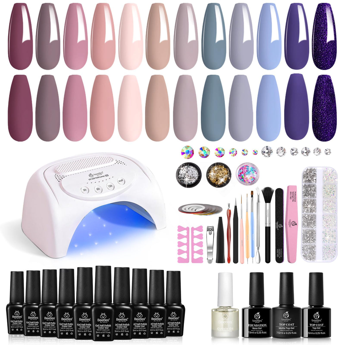 Beetles 12 Colors Gel Nail Polish Starter Kit with U V Light 48W LED Nail Lamp Gel Base Top Coat Cure Nude Pink Blue Gel Polish Glitter Powder Nail Art Rhinestone Gems Manicure Set Gifts for Girls