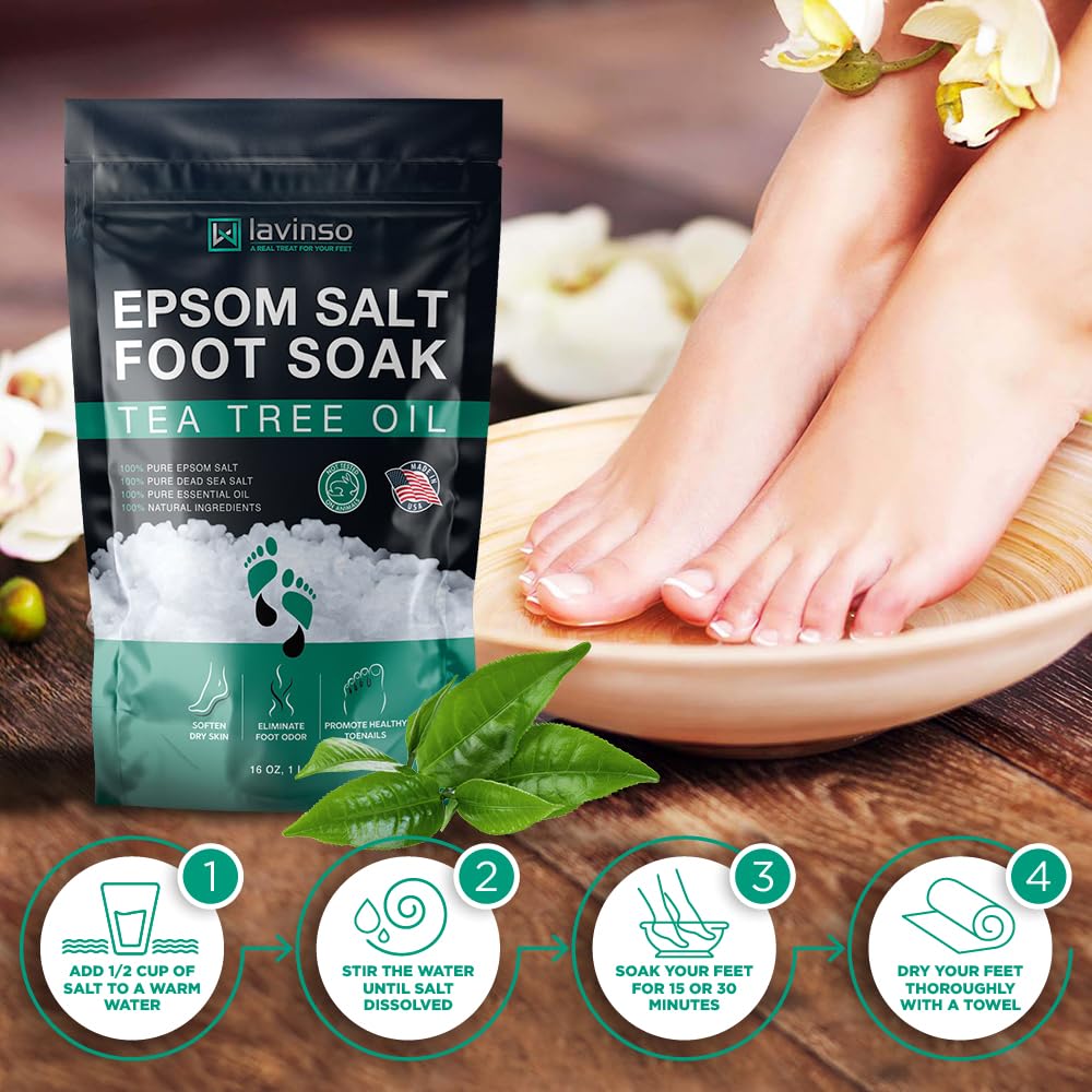 Tea Tree Oil Foot Soak with Epsom Salt - Made in USA - for Toenail Health, Athletes Foot, Stubborn Foot Odor, Softens Calluses & Soothes Sore Tired Feet - 1 LB