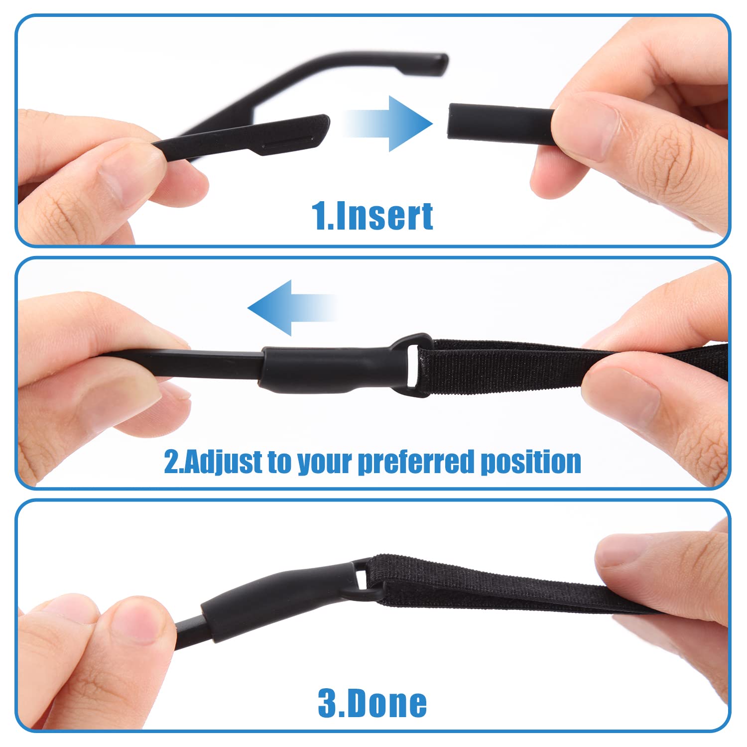 Adjustable Glasses Straps - 3 Pcs No Tail Adjustable Eyewear Retainer Glasse Strap for Men's Glasses Straps, Kids' Glasses Straps, Women's Glasses Straps, Sunglasses Straps, Black(7.5-13.5 inch)