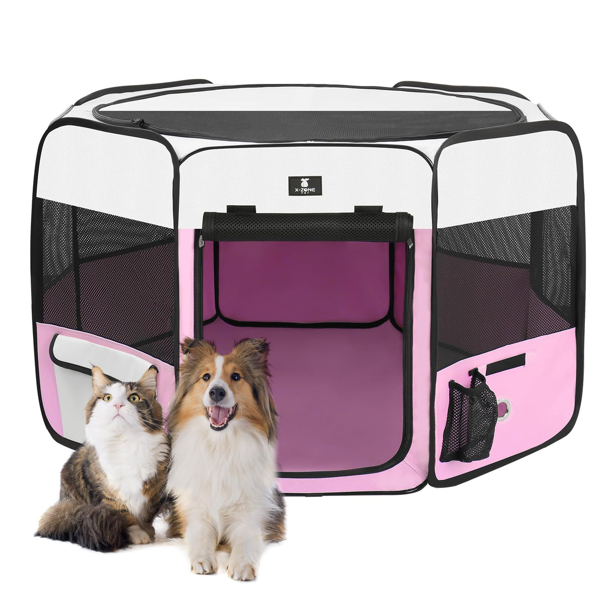 X-ZONE PET Dog Playpen Portable Pet Play Pens for Puppies, Cat, Rabbit, Chicks, Foldable Exercise Play Tent Kennel Crate, Indoor/Outdoor Travel Camping Pink Small