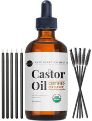 Kate Blanc Cosmetics Organic Castor Oil (4oz). 100% Pure, Cold Pressed, Hexane Free in a Glass Bottle. Stimulate Growth for Eyelashes, Eyebrows, Hair. Skin Moisturizer & Oil Cleanse with Starter Kit