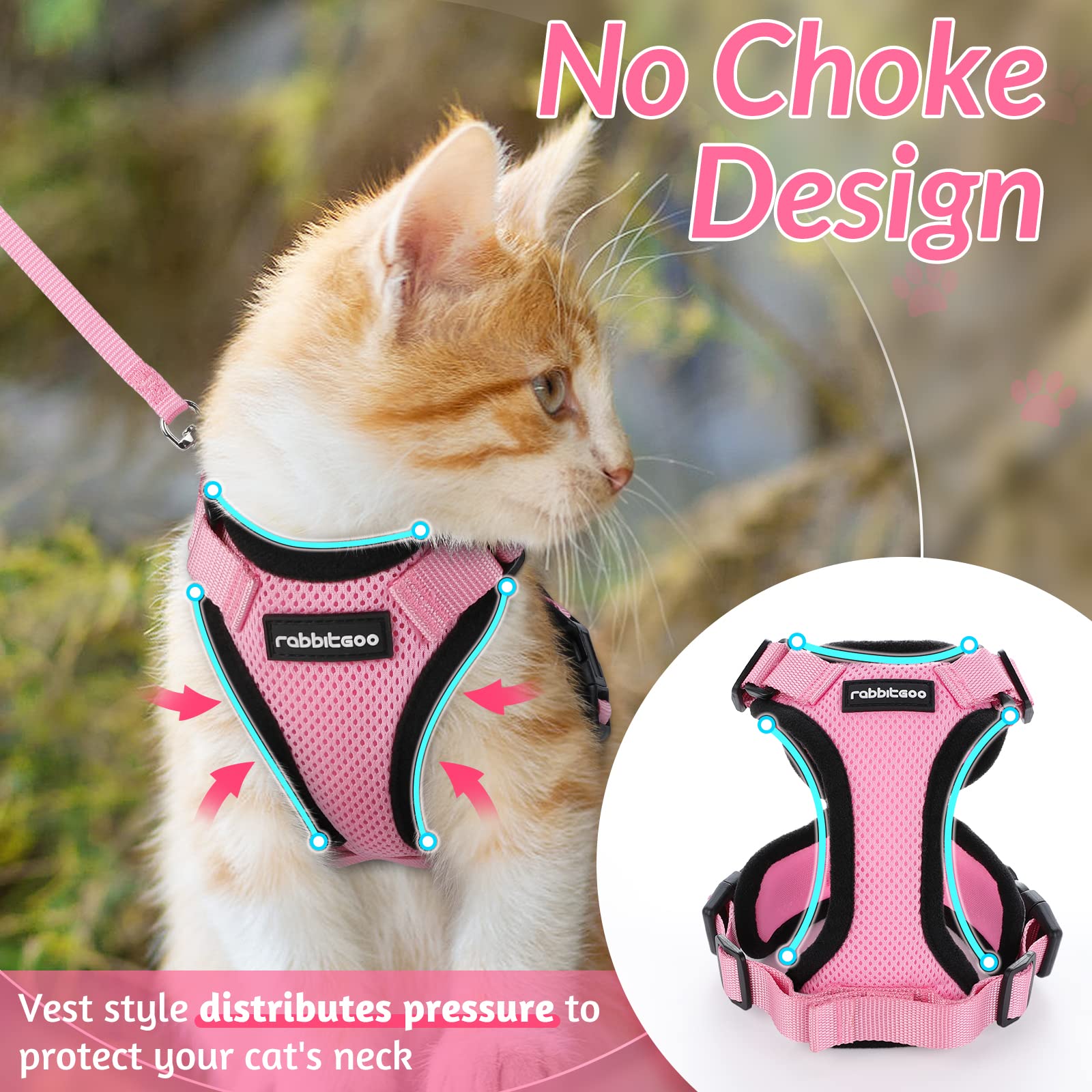 rabbitgoo Cat Harness and Leash for Walking, Escape Proof Soft Adjustable Vest Harnesses for Cats, Easy Control Breathable Reflective Strips Jacket, Pink, S