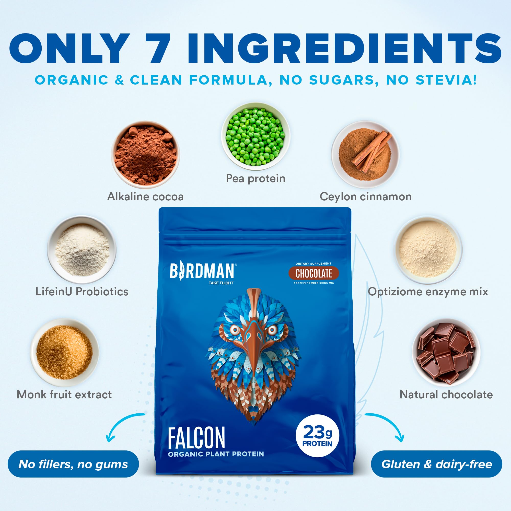 BIRDMAN Falcon Vegan Protein Powder Organic, Stevia & Sugar Free, Plant Based Protein, Low Carb, Dairy Free, Keto, Non Whey Protein, Probiotic, Pea Protein | Chocolate Flavor - 60 Servings - 3.9lb