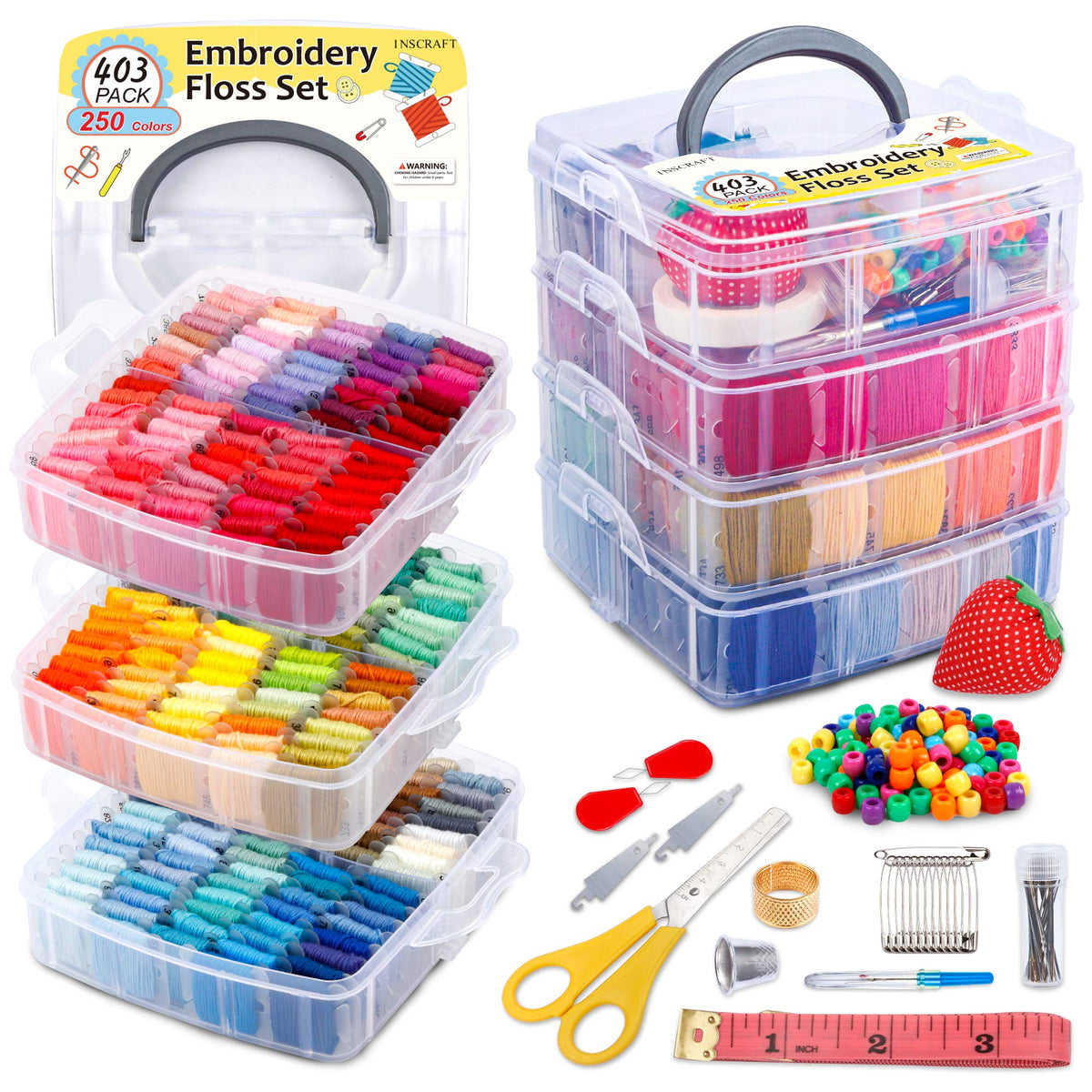 INSCRAFT 403 Pack Embroidery Floss Set, 250 Colors Cross Stitch Friendship Bracelet Thread with 153 Pcs Cross Stitch Tool, 4-Tier Transparent Box for Storage