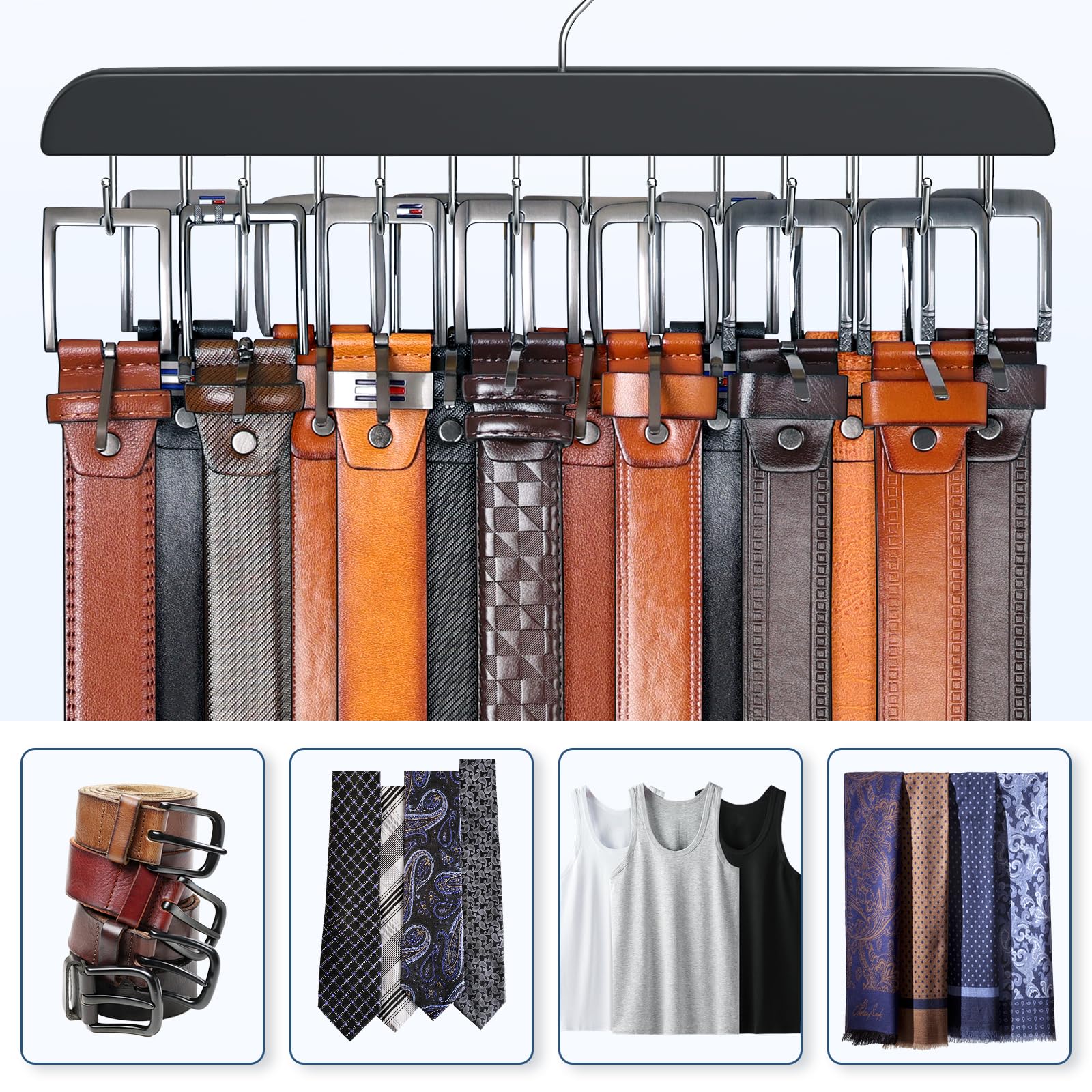 Resovo Belt Hanger for Closet Max 42 Belts, Sturdy Wood Belt Rack Closet Accessories with 14 Hooks Belt Organizer for Closet Organizers and Storage -Black 1 Pack