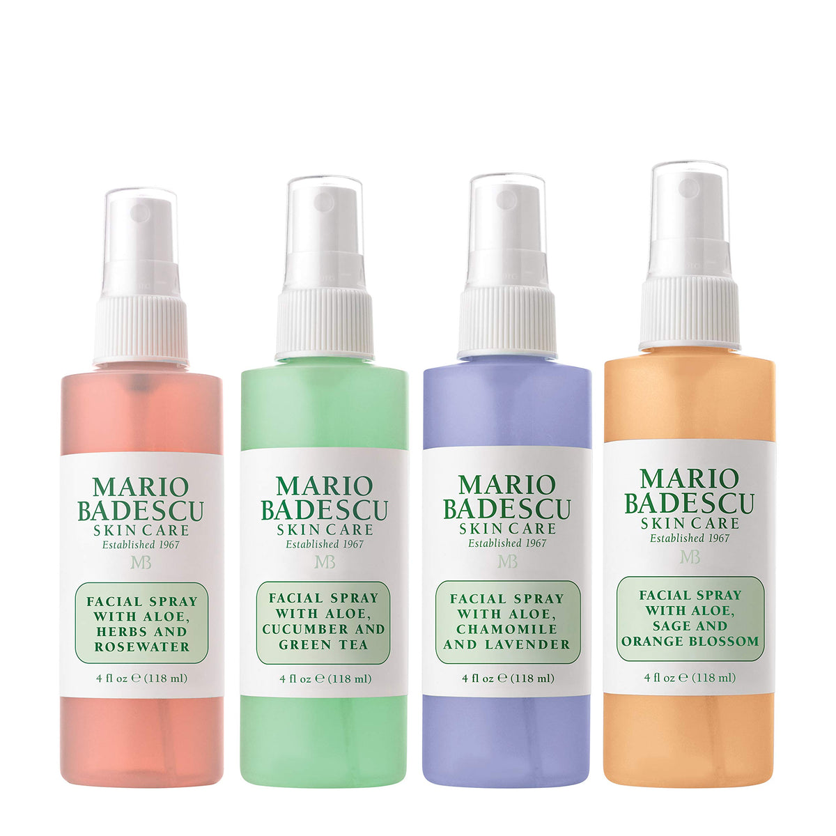 Mario Badescu Facial Spray Collection with Rose Water, Cucumber, Lavender and Orange Blossom, Multi-Purpose Cooling and Hydrating Face Mist for All Skin Types, Dewy Finish, 4 Fl Oz (Pack of 4)