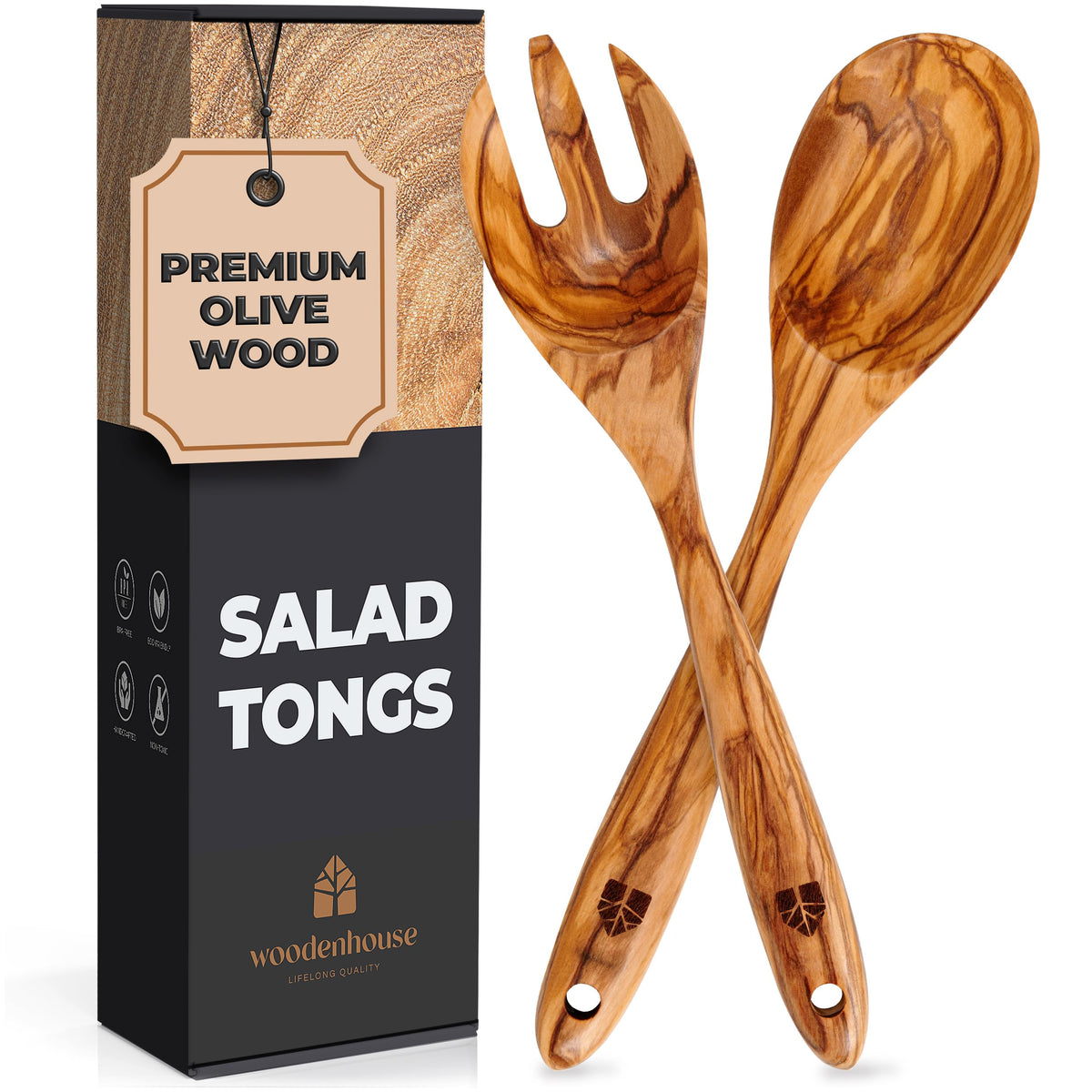 Salad Tongs for Serving, Spoon Salad Utensils Set from Olive Wood, 12 inches Wooden Fork and Spoon for Mixing, Tossing & Cooking