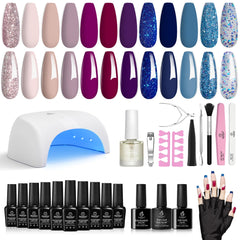 Beetles Gel Nail Polish Kit with Uv Light Protective Gloves, 12 Colors Nude Red Blue Glitter Holiday Gel Polish Starter Kit with Base Top Coat Manicure Tools Kit DIY Nail Gift for Women