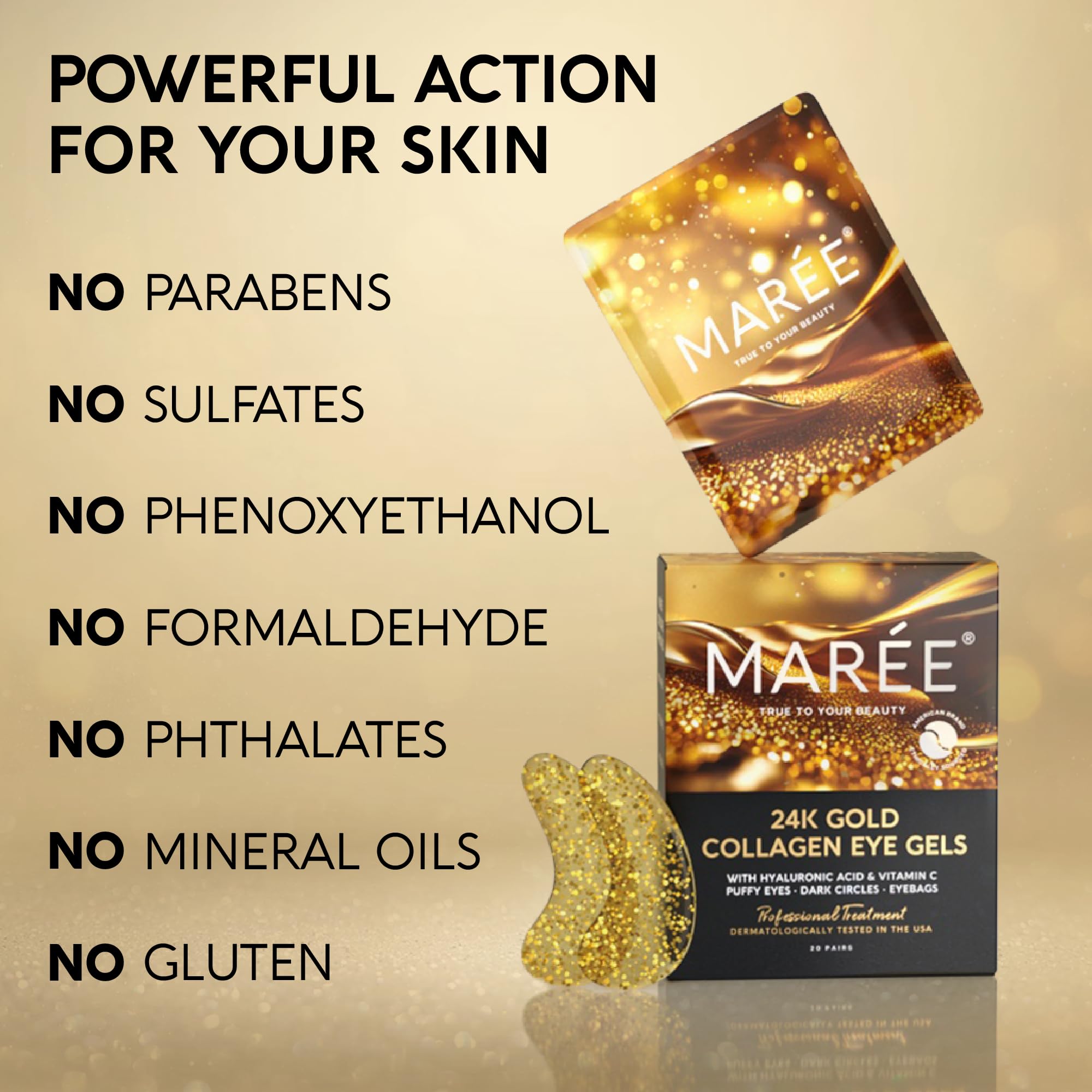 MAREE Under Eye Patches (20 Pairs) - 24K Gold Eye Patches for Puffy Eyes, Dark Circles, Eye Bags - Skin Care with Collagen, Pearl Extract & Hyaluronic Acid - Anti-Aging & Rejuvenating Eye Masks