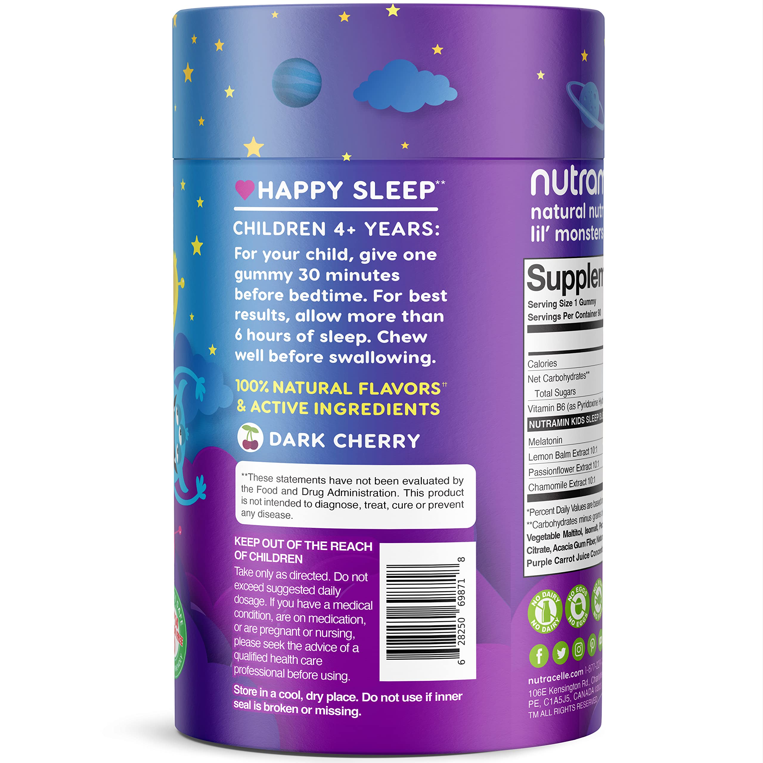 NUTRAMIN Kids Sleep Gummy - Sugar-Free & Vegan - 100% Natural Sleeping Aid with Melatonin Sleep Gummies for Kids - Hypoallergenic, Halal, Kosher, Non GMO - Dark Cherry - 90 Count