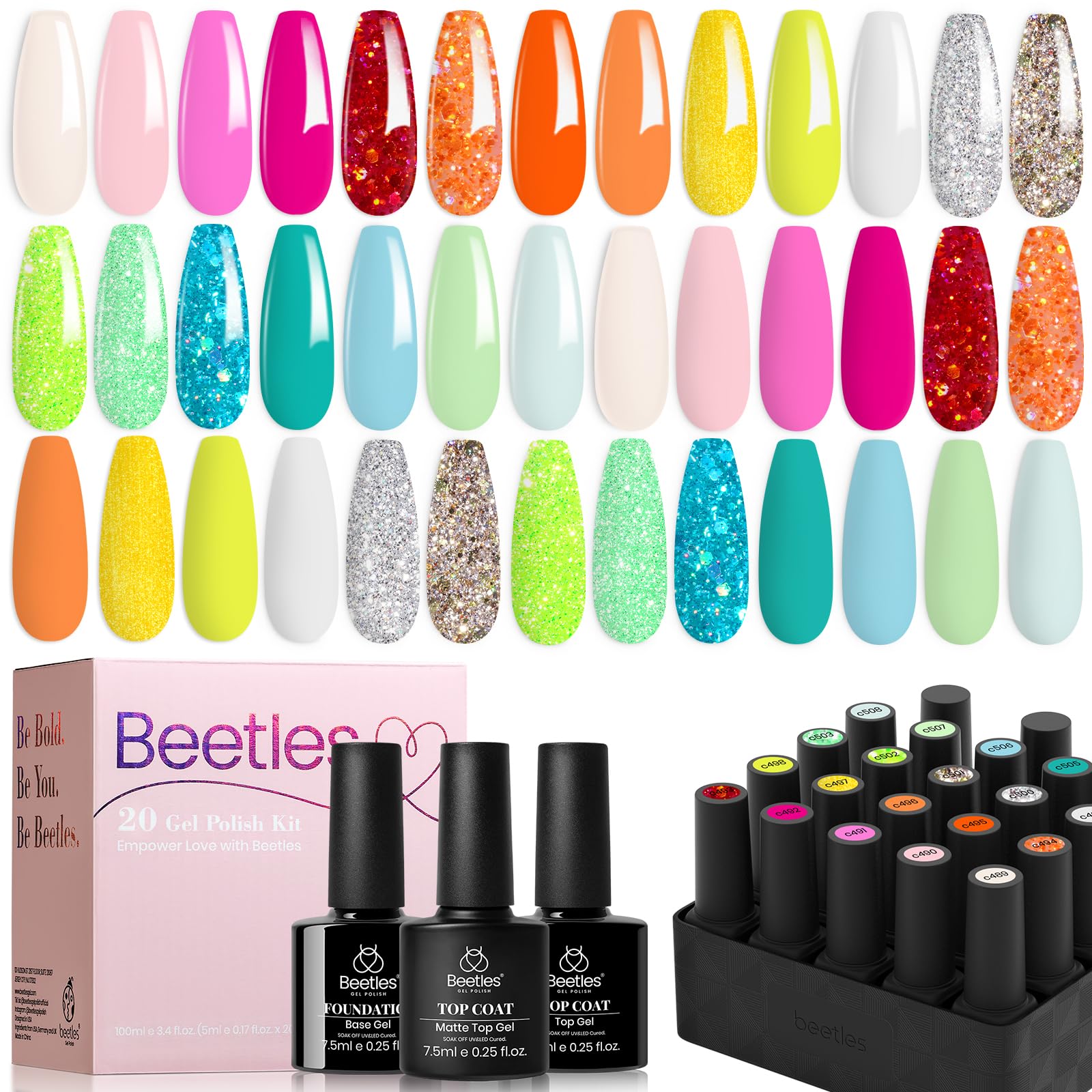 Beetles Neon Gel Nail Polish Set - 23 Pcs Glitter Hot Pink Yellow Orange Blue Sparkle Soak Off UV Gel Kit with Glossy & Matte Top Base Coat DIY Manicure Rainbow Nails Gift for Women Girls