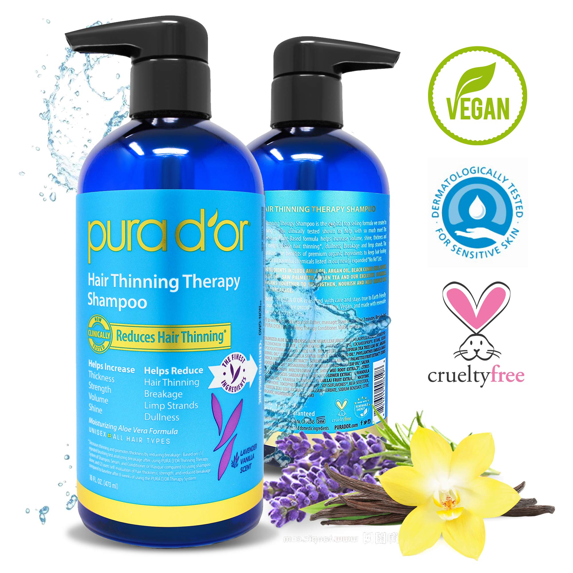 PURA D'OR 16 Oz Hair Thinning Therapy Biotin Shampoo LAVENDER VANILLA Scent - CLINICALLY TESTED Proven Results, Herbal DHT Blocker Hair Thickening Products For Women & Men, Color Safe Routine Shampoo