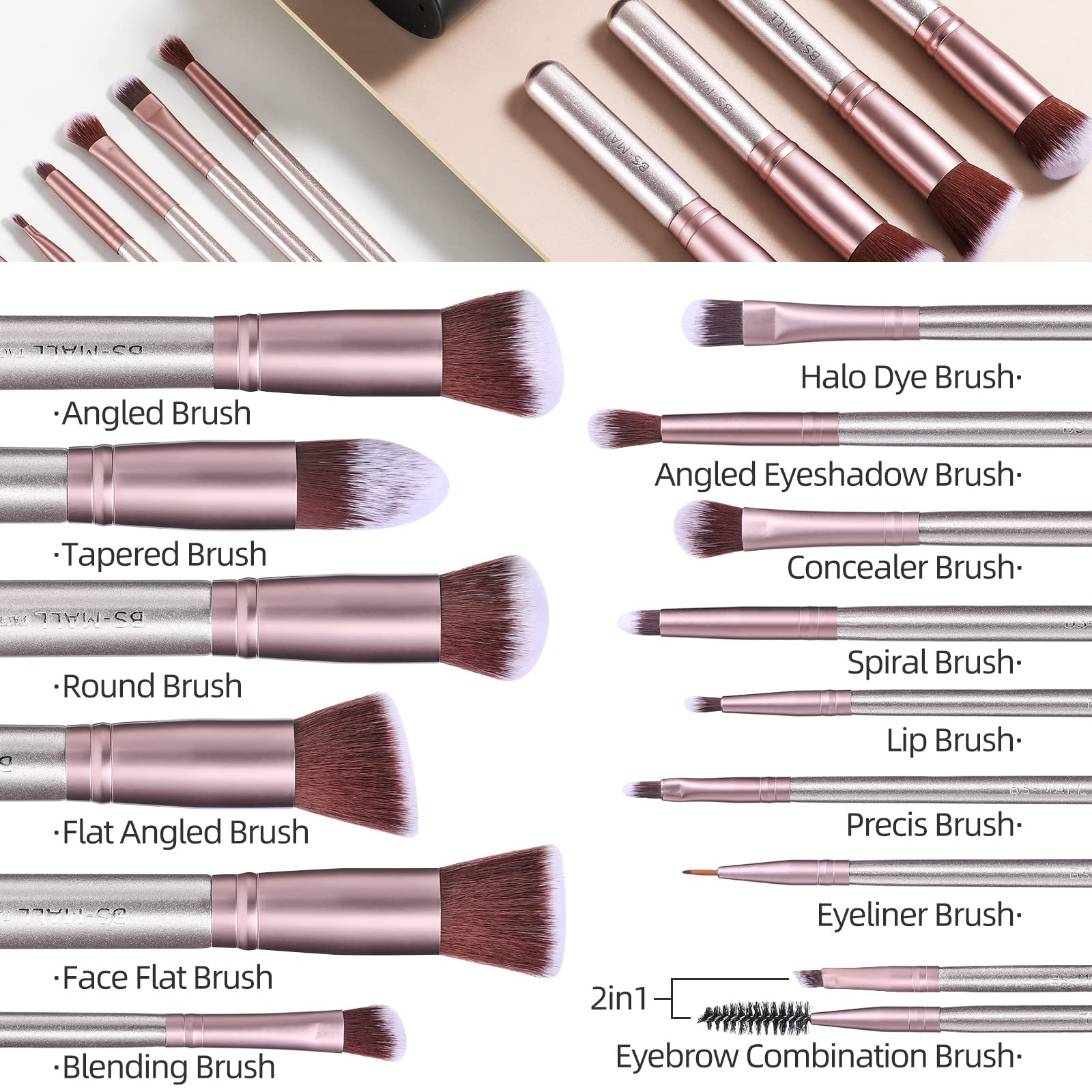 BS-MALL Makeup Brushes Premium Synthetic Foundation Powder Concealers Eye Shadows Makeup 14 Pcs Brush Set，Silver Purple with case