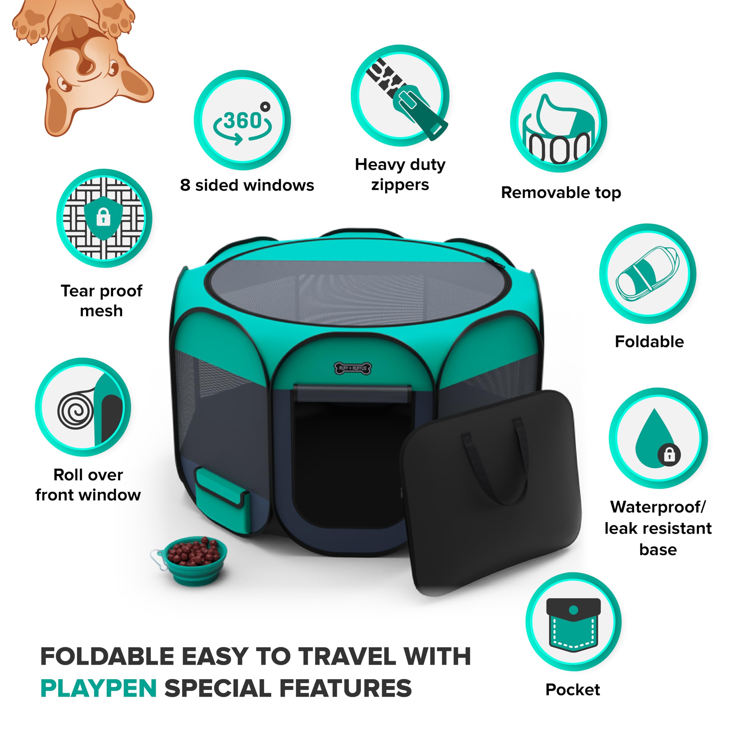 Ruff 'N Ruffus Portable Foldable Pet Playpen + Carrying Case & Collapsible Travel Bowl | Indoor/Outdoor use | Water Resistant | Removable Shade Cover (Medium)