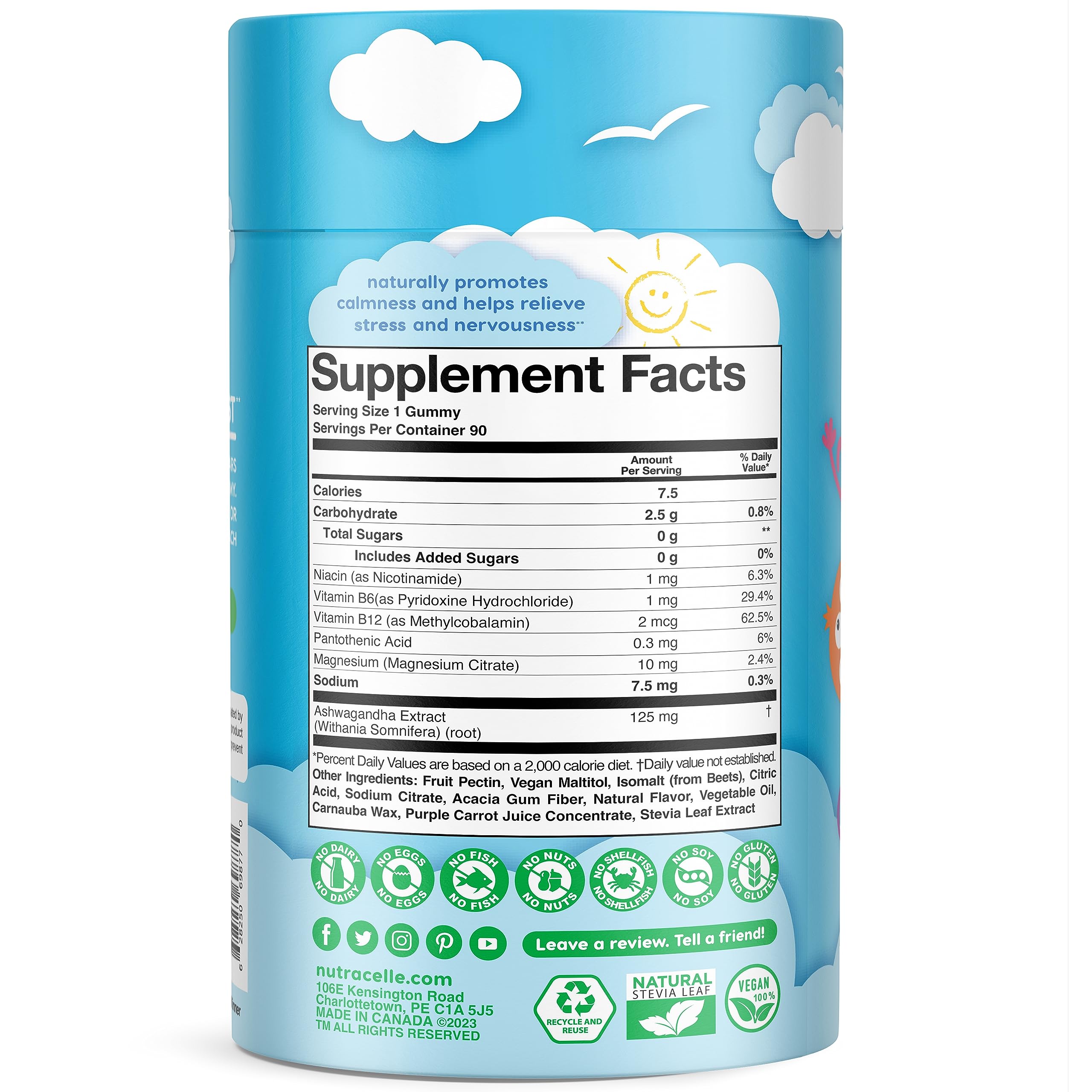 NUTRAMIN Kids Mood Boost Vitamin Gummy: The Yummy and Calm Magnesium Citrate Supplement for Children with Ashwagandha & Vitamin B Complex Anti-Stress Blend - Sugar-Free, Allergy-Safe, Vegan 90 ct