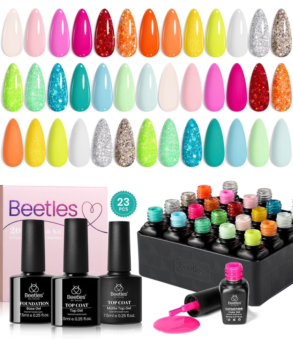 Beetles Neon Gel Nail Polish Set - 23 Pcs Glitter Hot Pink Yellow Orange Blue Sparkle Soak Off UV Gel Kit with Glossy & Matte Top Base Coat DIY Manicure Rainbow Nails Gift for Women Girls