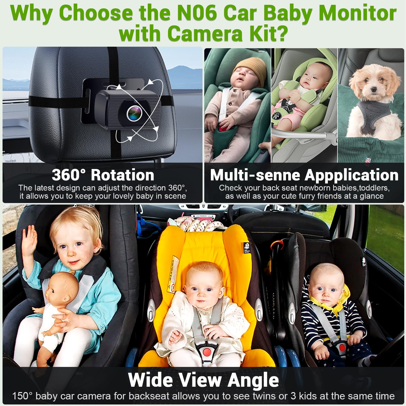 Baby Car Camera Ease Installation: Eye Protection Clear Night Vision 360° Rotation Rear Facing Baby Car Mirror for 2 Kids HD 1080P 150° Wide View Stability Backseat Camera with Monitor -Rohent N06