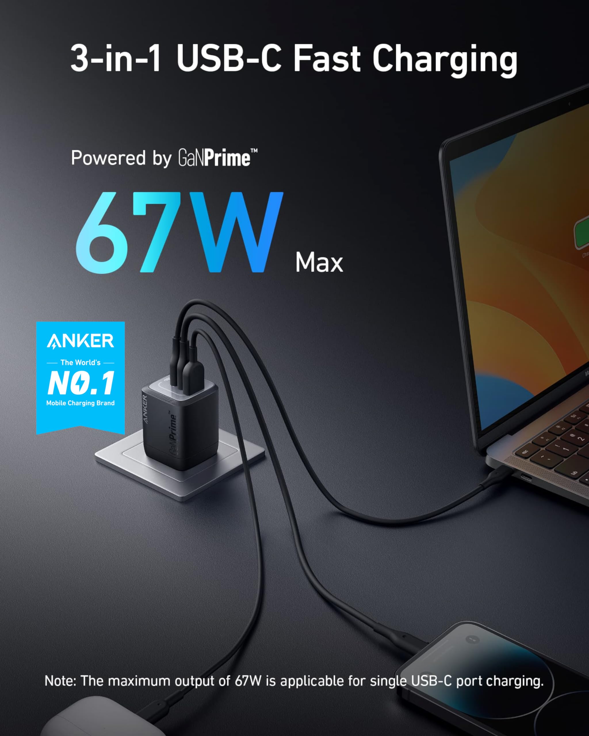 Anker Prime 67W USB C Charger, Anker GaN 3-Port Compact Fast PPS Wall Charger, For MacBook Pro/Air, Pixelbook, iPad Pro, iPhone 15/14/Pro, Galaxy S23/S22, Note20, Pixel, Apple Watch