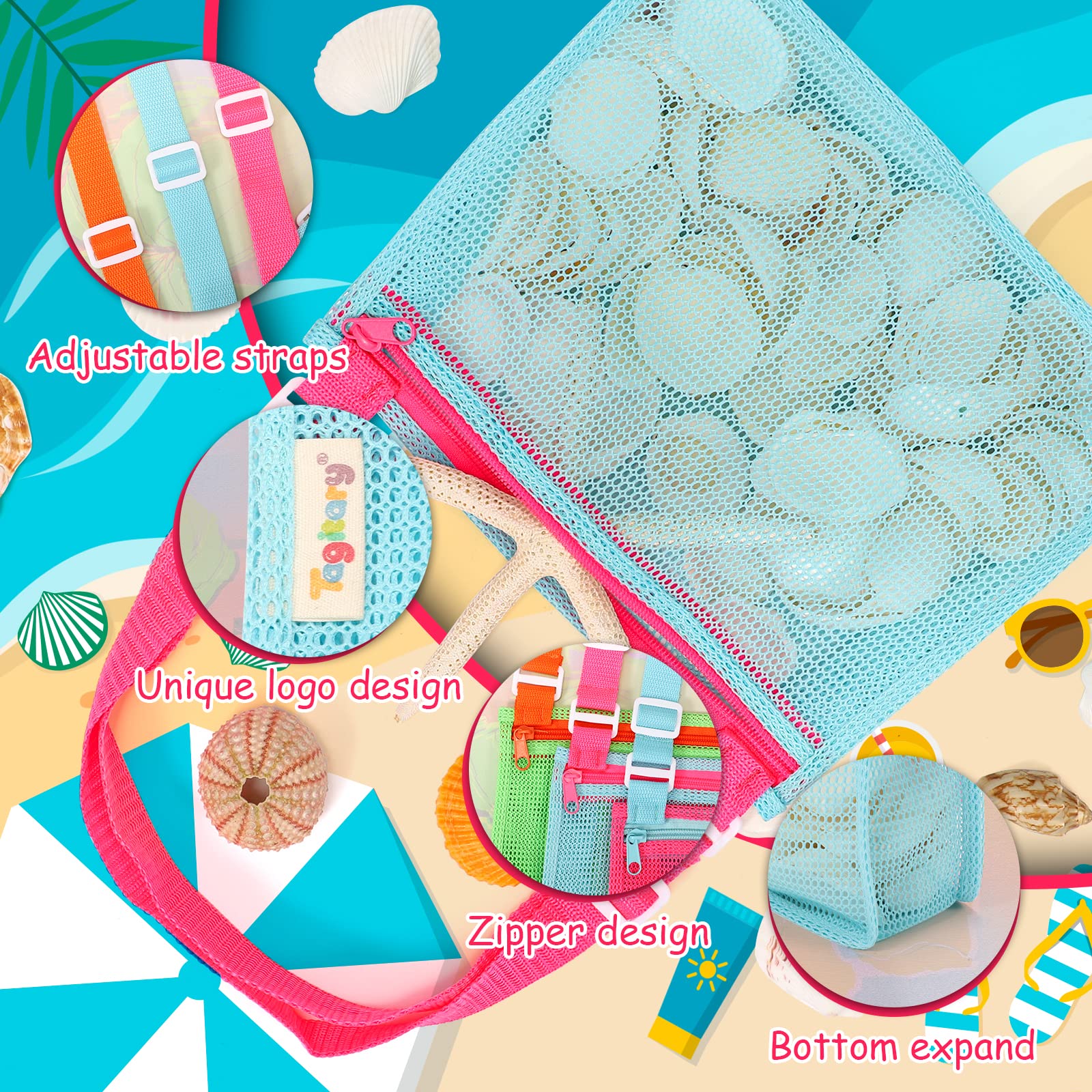 Tagitary Beach Toys Mesh Beach Bag Sand Toy Seashell Collecting Bag Pool Bag Swimming Beach Accessories Gift for Boys and Girls (Only Bags,A Set of 3)