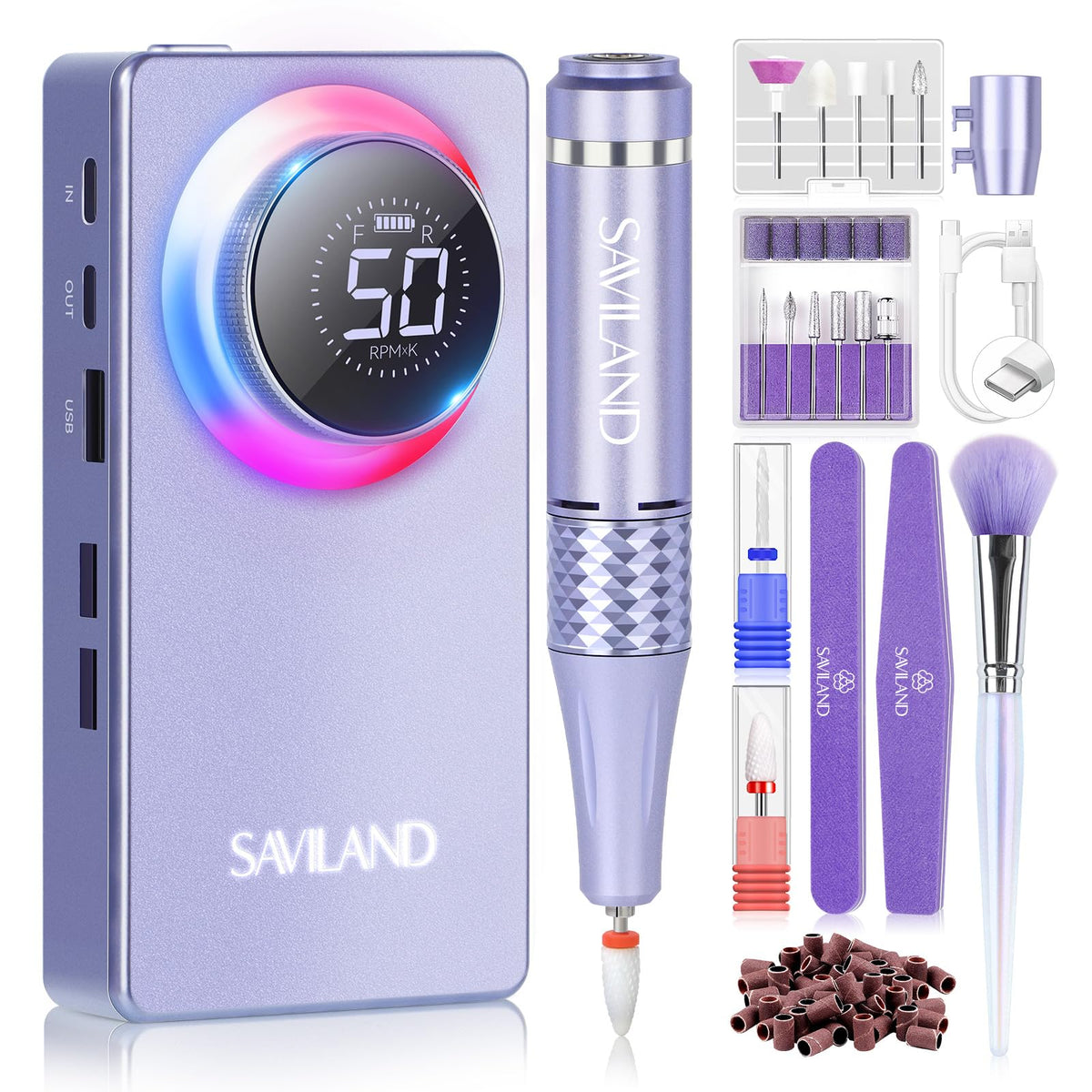 SAVILAND 50000RPM Nail Drill for Acrylic: 2024 Pro High Tech Fast Removal Electric Nails Drill Kit 6000mAh Rechargeable Machine Professional Drill Bit Nail File Buffer Tools Salon Manicure Pedicure