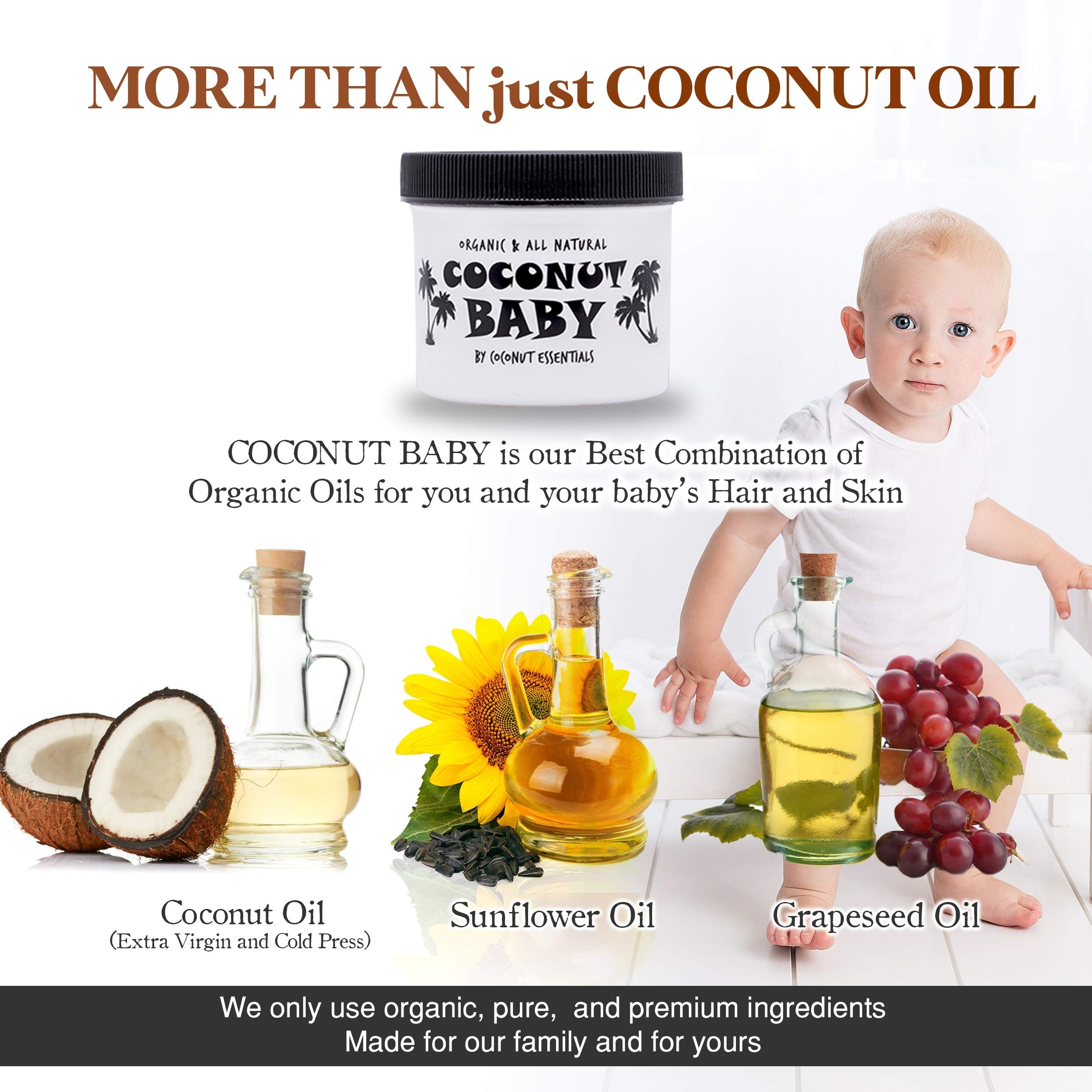 Coconut Baby Oil for Hair & Skin - Organic Moisturizer - Cradle Cap, Newborn Hair Growth, Massage gel, Sensitive Skin Care, Infant Scalp, All Natural with Sunflower & Grape Seed oils - 2 fl oz