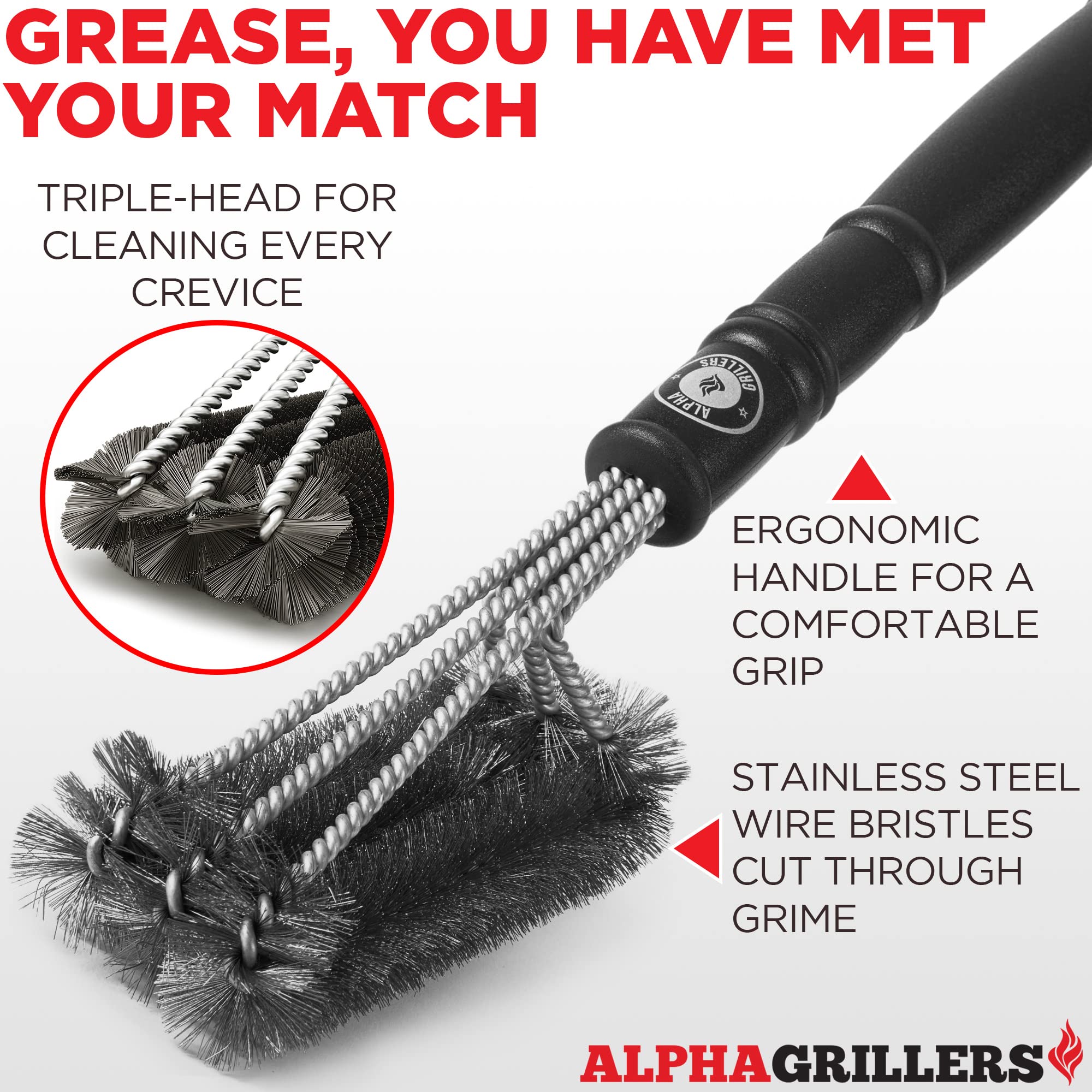 Alpha Grillers Brush - Grill Cleaner Brush Grill Accessories for Outdoor Grill - Safe BBQ Brush for Grill Cleaning - Heavy Duty 17" Grill Brushes