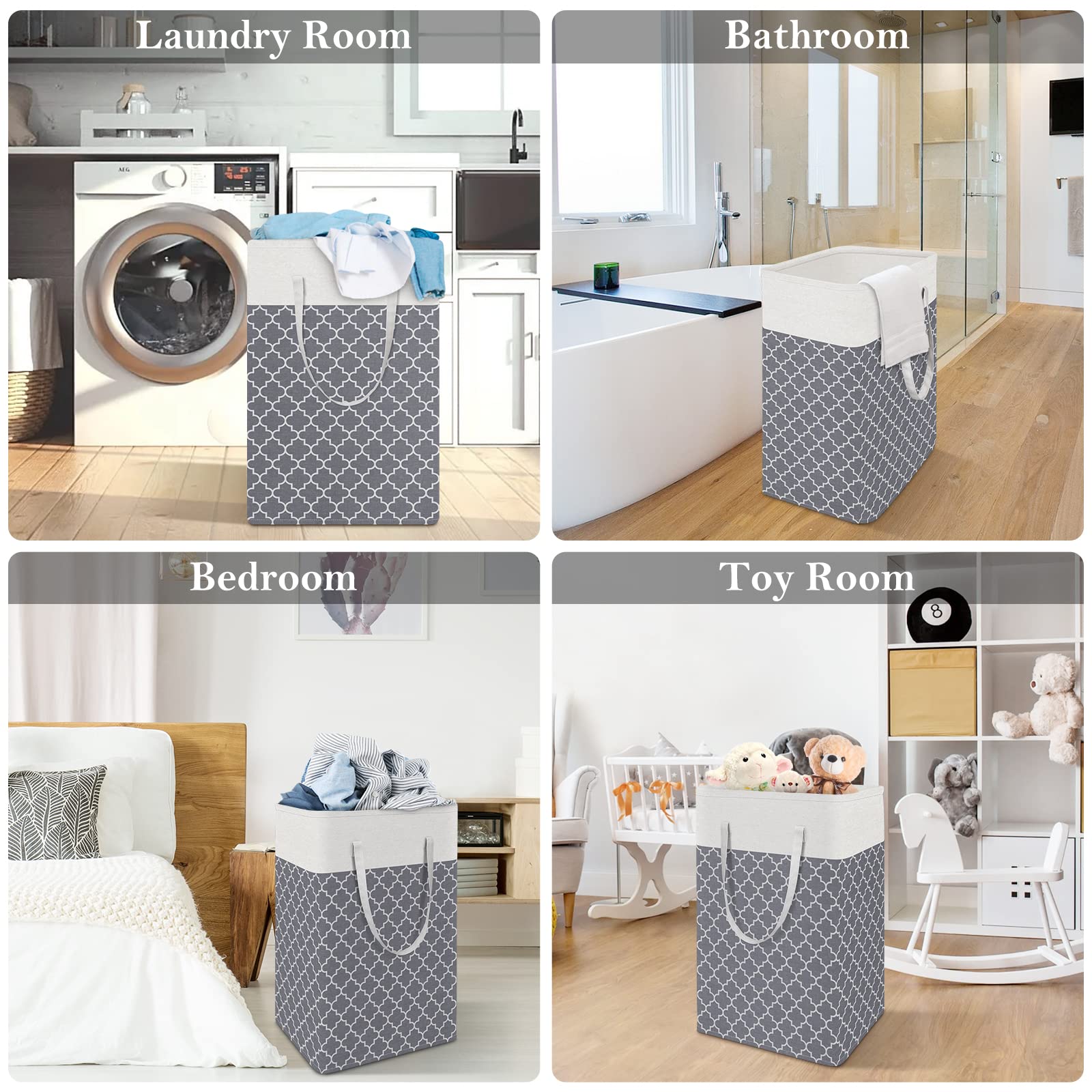 HomeHacks Laundry Baskets 2-Pack, Laundry Hamper with Long Handles, Collapsible Waterproof Clothes Hamper, Durable Tall Laundry Bin, Clothes Hamper for Bedroom, Bathroom, Dorm, Toys, 75L, Grey