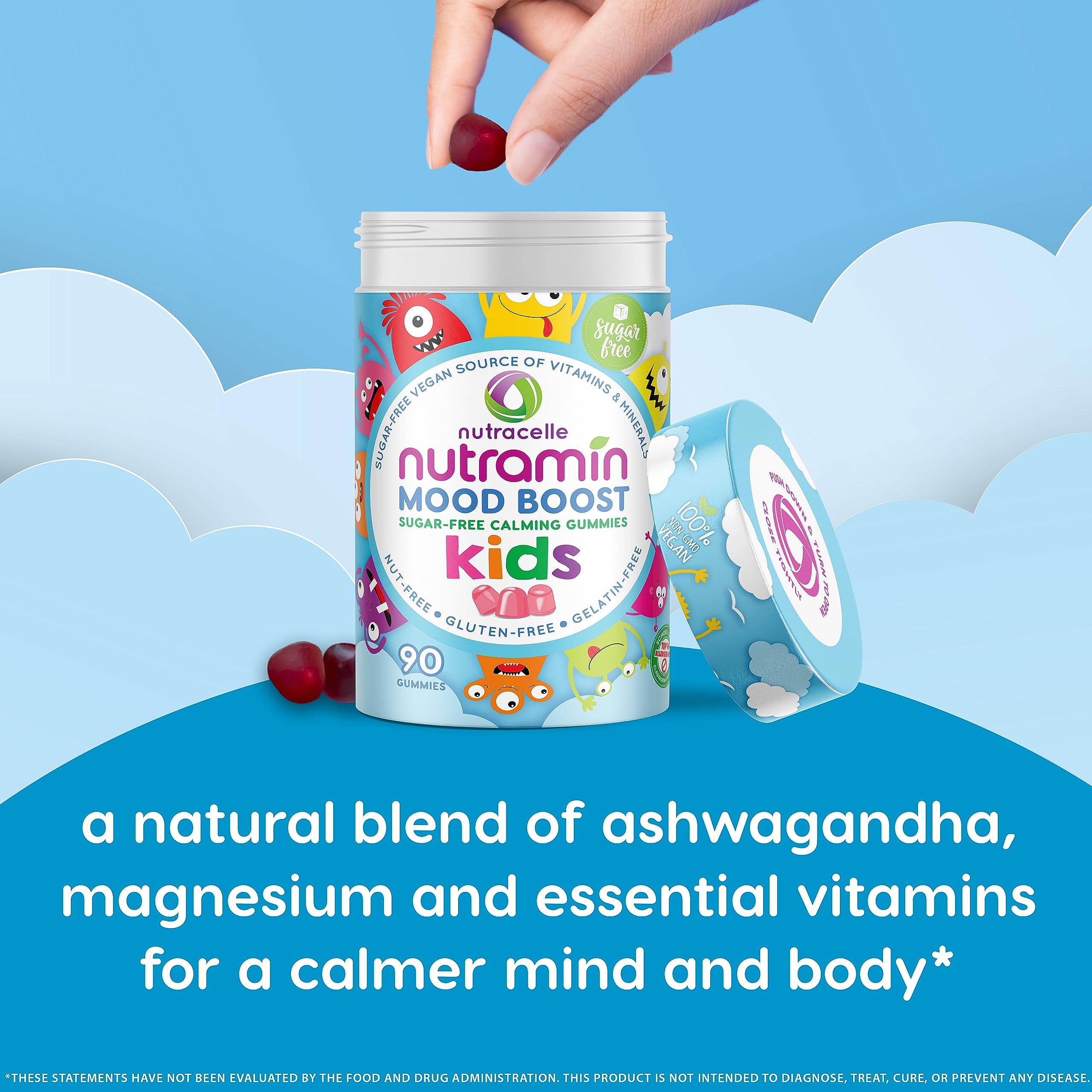 NUTRAMIN Kids Mood Boost Vitamin Gummy: The Yummy and Calm Magnesium Citrate Supplement for Children with Ashwagandha & Vitamin B Complex Anti-Stress Blend - Sugar-Free, Allergy-Safe, Vegan 90 ct