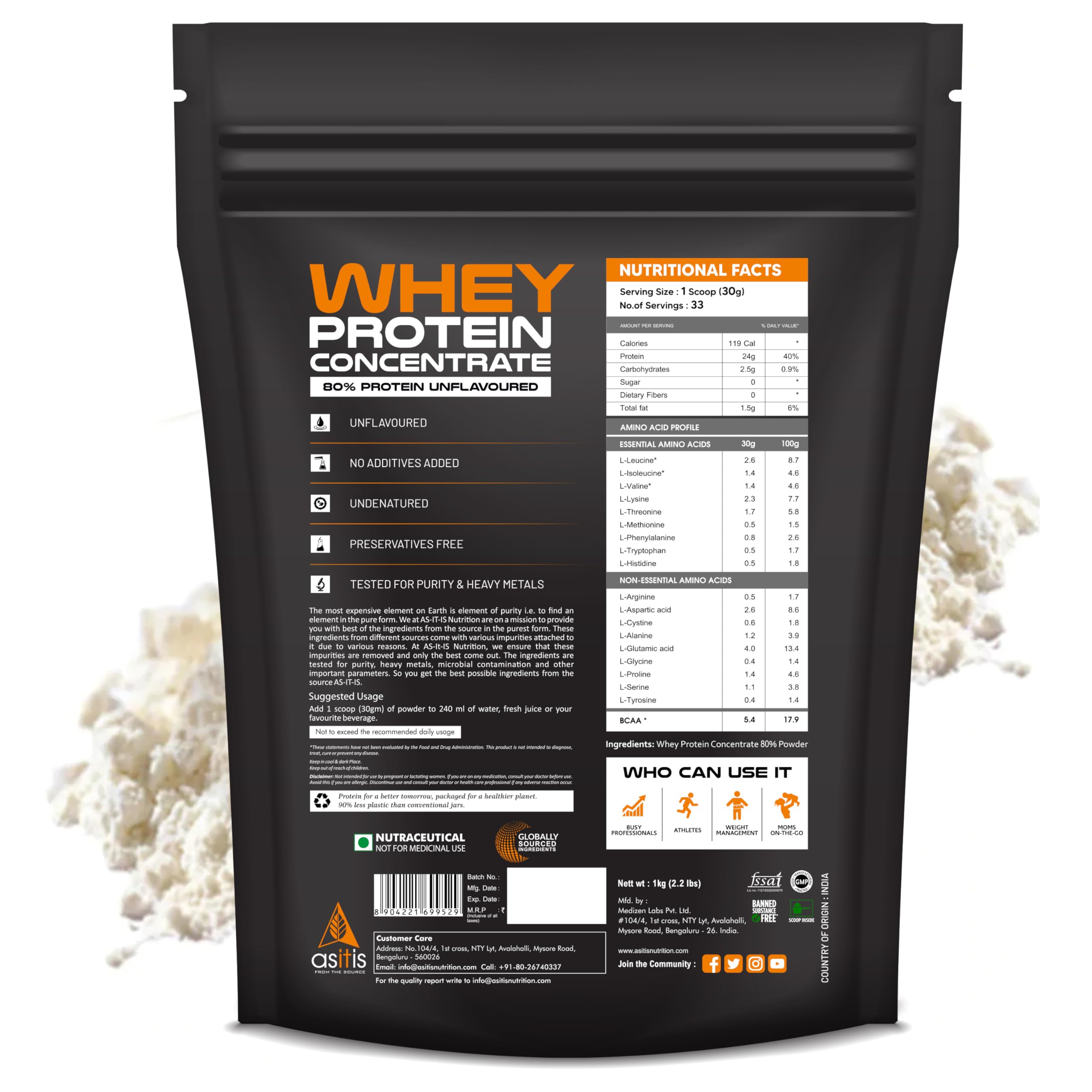 AS-IT-IS Nutrition Whey Protein Concentrate 80% - 1kg/35.2 Oz Cross-flow Microfiltered | Unflavoured | Tested for Purity | Non-gmo and Gluten-free No Preservatives