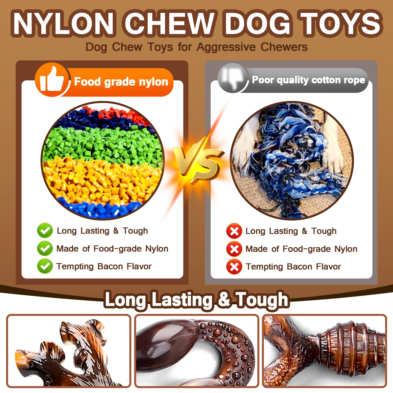 TonyEst Dog Chew Toys, 4-Pack Indestructible Dog Toys for Aggressive Chewers, Nylon Durable Dog Toys for Medium Large Dogs Breed, Bacon Flavored Tough Dog Bones Chew Toys for Super Chewer