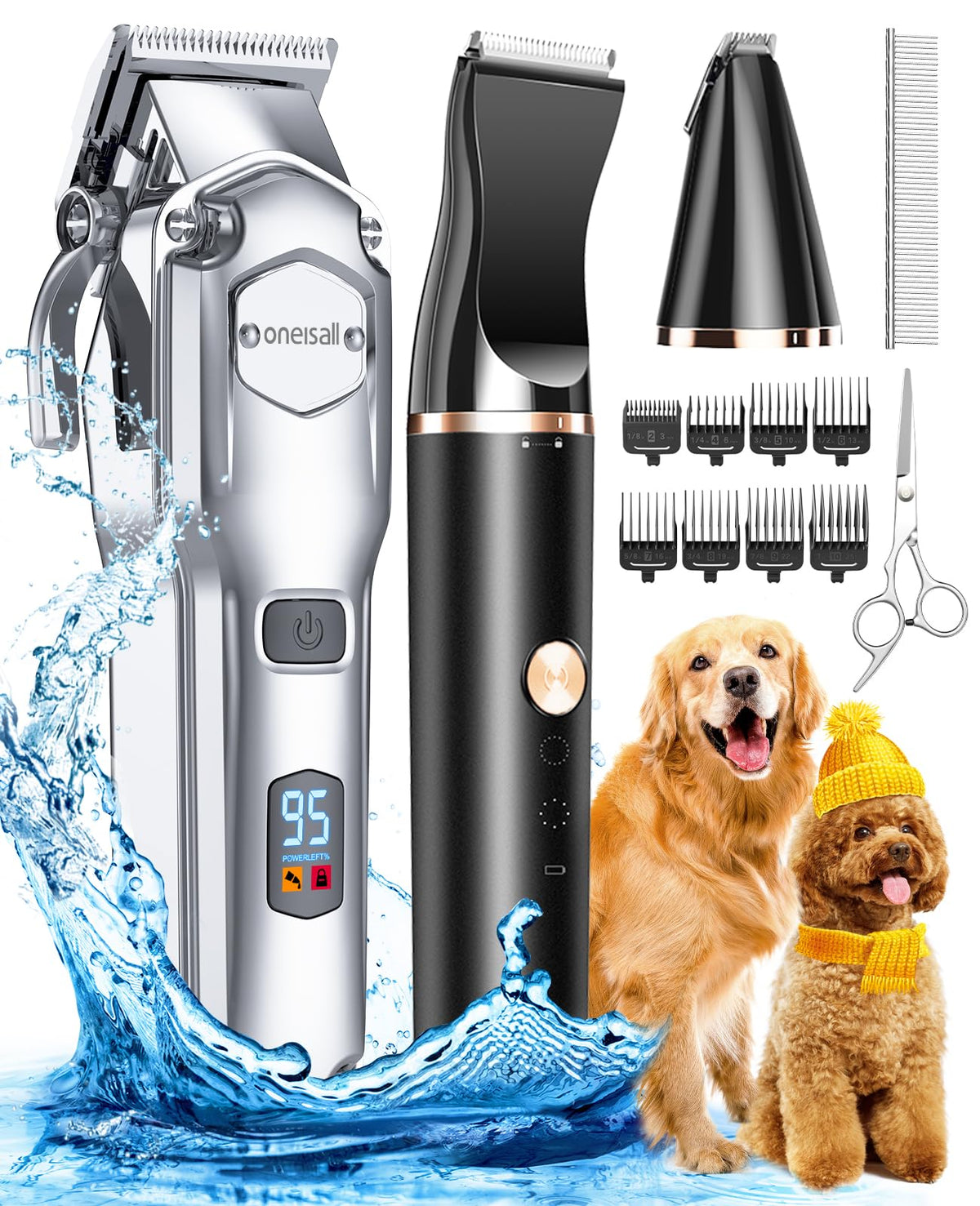 oneisall Dog Grooming Kit for Heavy Thick Hair&Coats/Low Noise Rechargeable Cordless Pet Shaver with Stainless Steel Blade and Dog Paw Trimmer/Waterproof Dog Shaver for Dogs Pets Animals