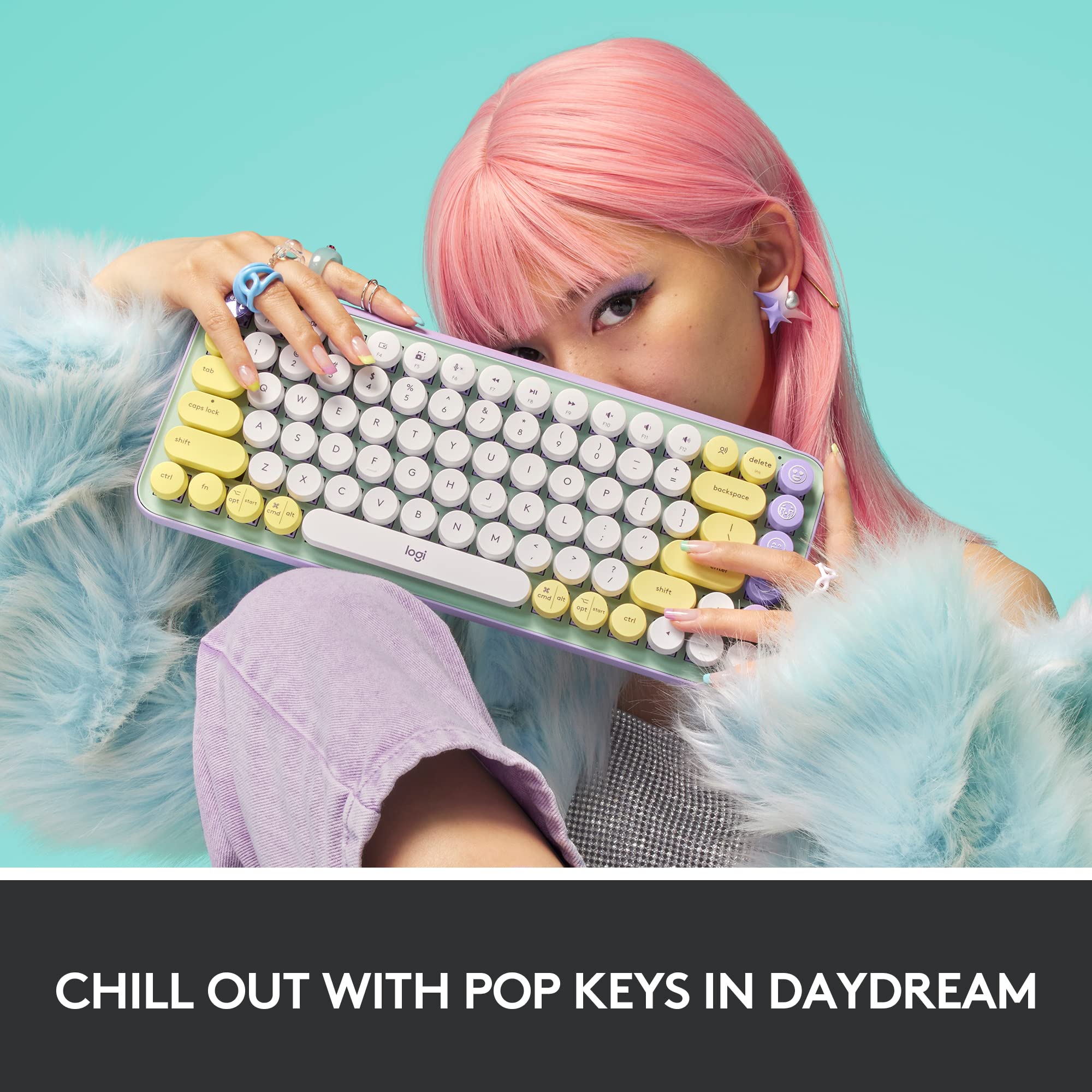 Logitech POP Keys Mechanical Wireless Keyboard with Customizable Emoji Keys, Durable Compact Design, Bluetooth or USB Connectivity, Multi-Device, OS Compatible - Daydream Mint (Renewed)