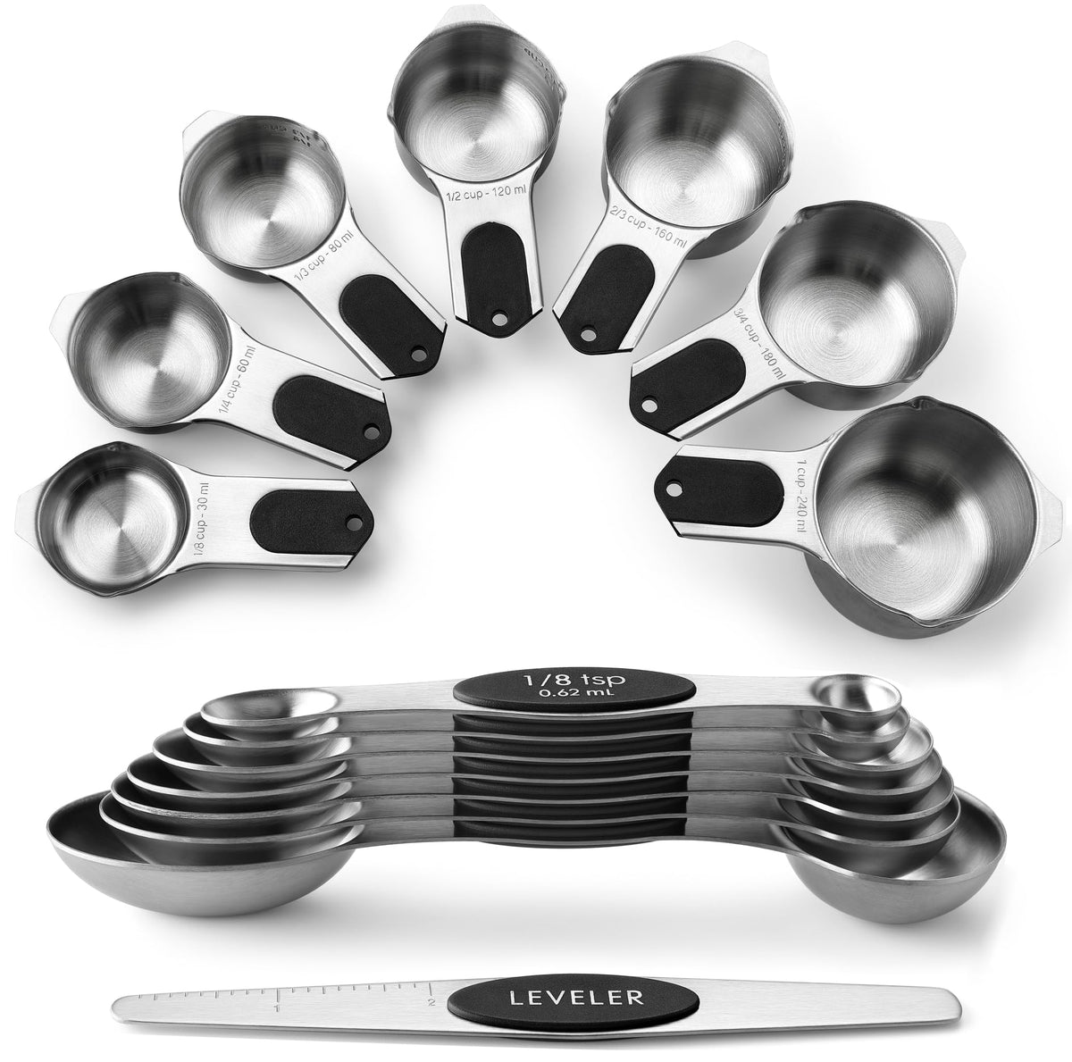 Spring Chef Magnetic Measuring Cups & Spoons Set (Patent Pending), Strong N45 Magnets, Heavy Duty Stainless Steel Fits in Spice Jars for Baking & Cooking, BPA Free, Round Set of 15 with Leveler, Black