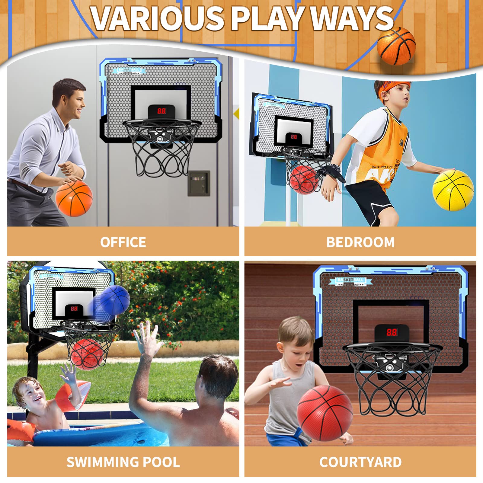 Indoor Kids and Adults Door Room Mini Basketball Hoop with Electronic Scoreboard, 4 Balls, Basketball Toys Suit for Bedroom/Office/Outdoor