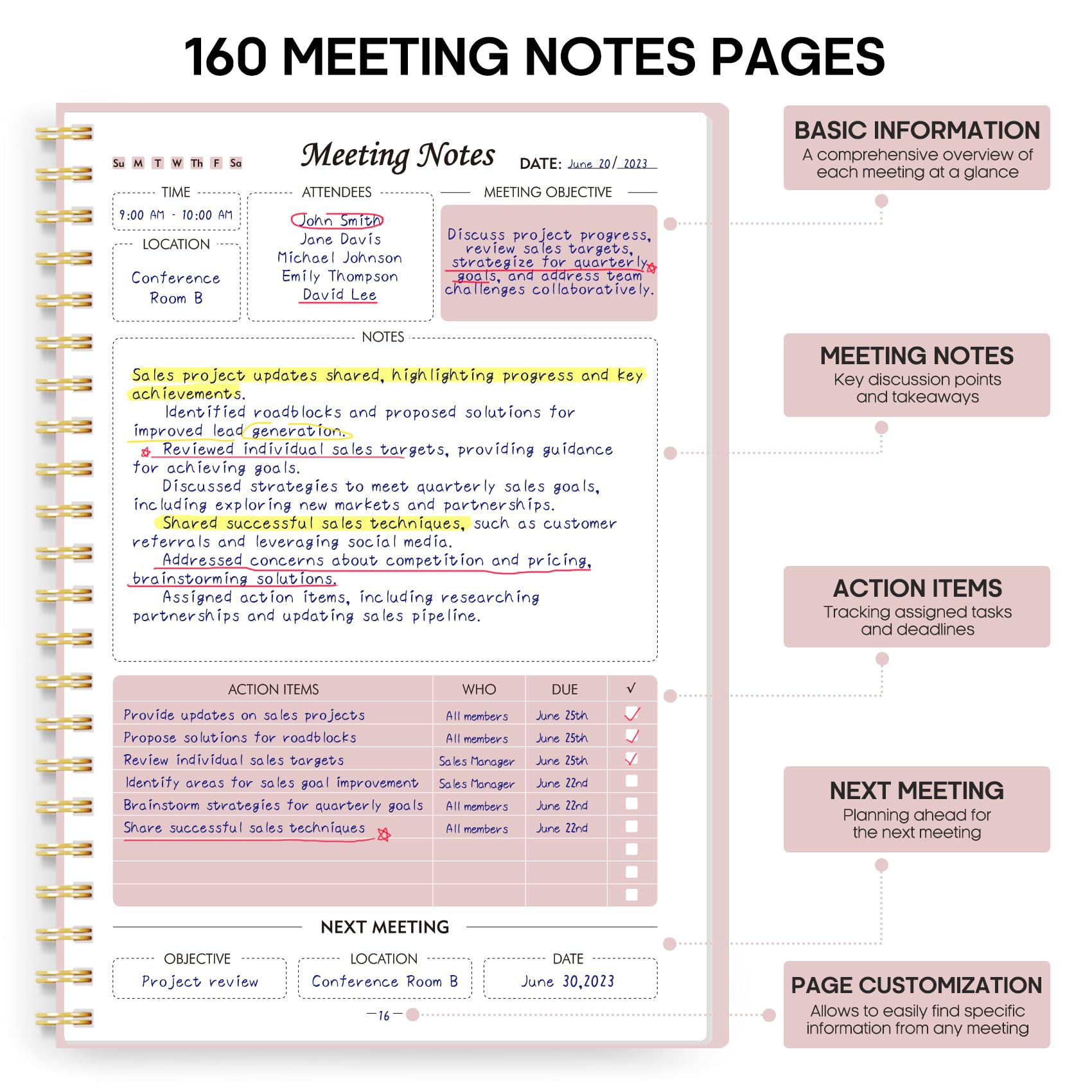 Meeting Notebook For Work Organization - Work Planner Notebook With Action Items, Agenda Planner For Note Taking, 160Pages (6.9" X 9.9") Project Planner For Men & Women - Pink