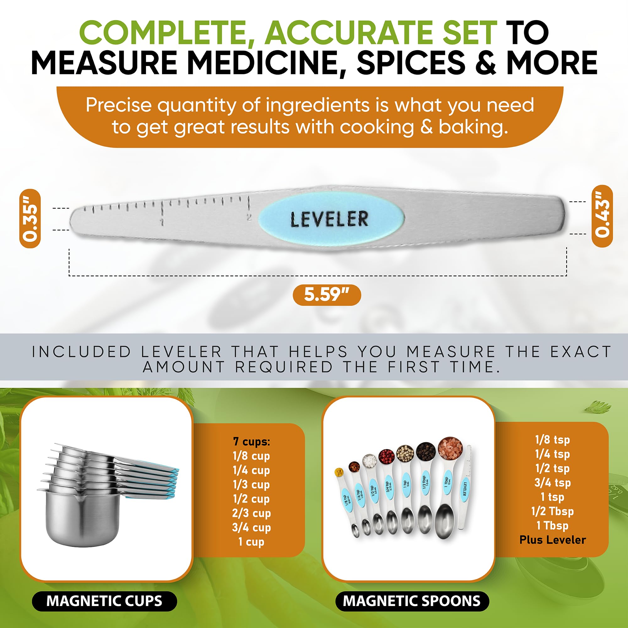 Spring Chef Magnetic Measuring Cups & Spoons Set (Patent Pending), Strong Magnets, Heavy Duty Stainless Steel Fits in Spice Jars for Baking & Cooking, BPA Free, Round Set of 15 with Leveler, Aqua Sky