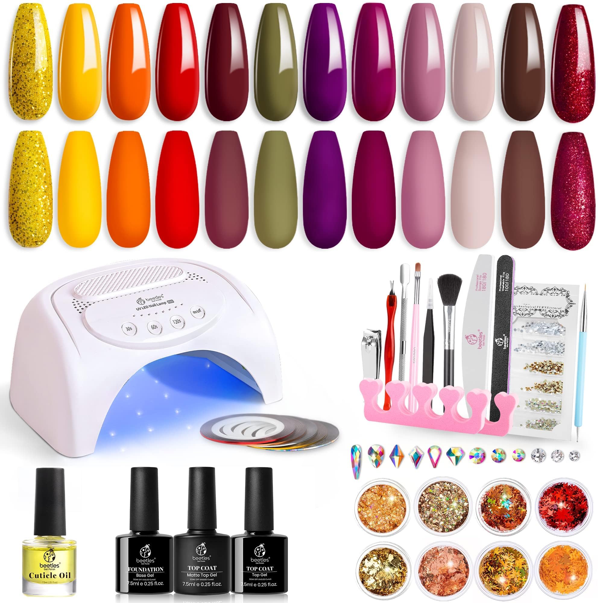 Beetles Gel Nail Polish Starter Kit with 48W LED Nail Lamp Gel Base Top Coat Orange Green Burgundy Gel Polish Glitter Powder Nail Art Red Glitter Nail Polish