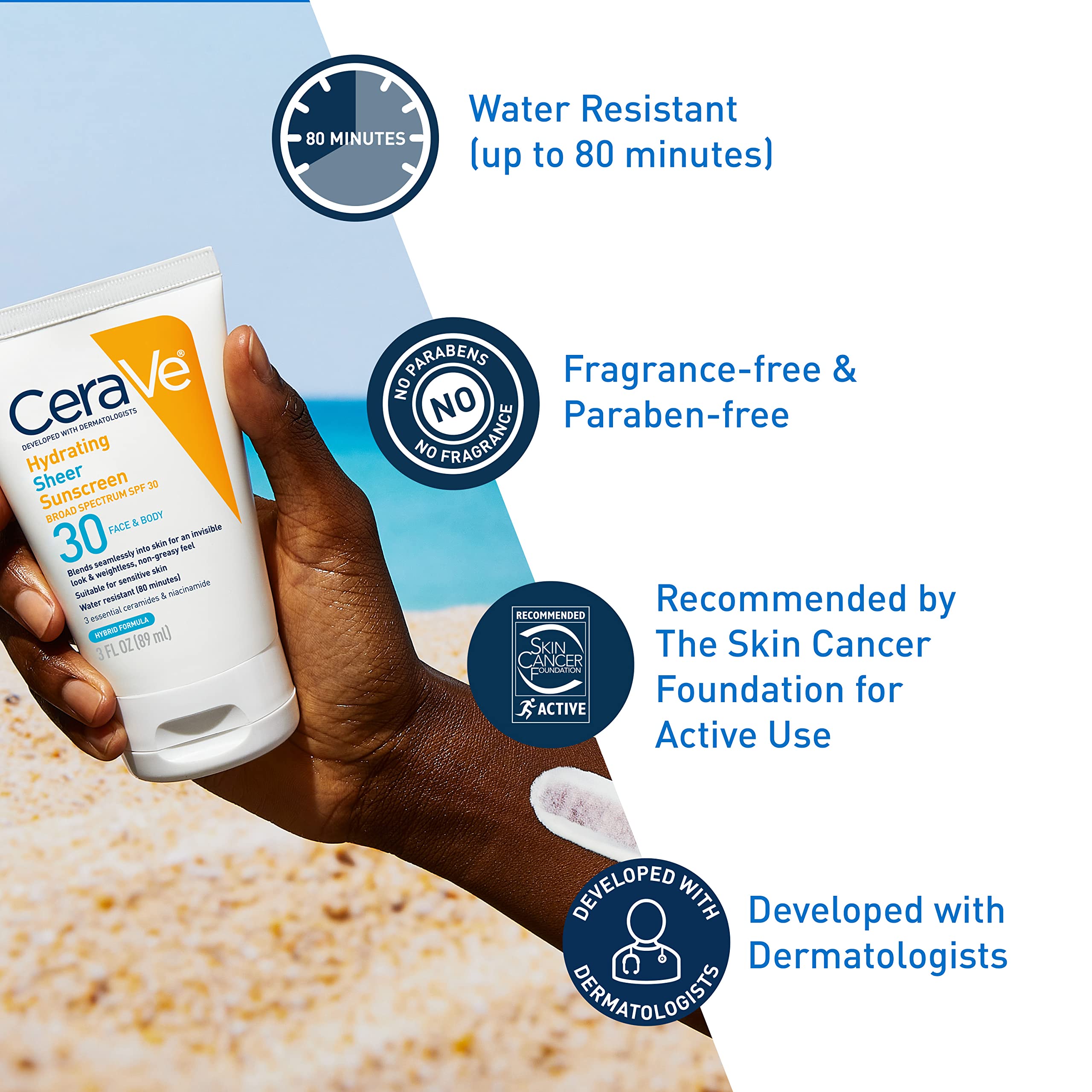 CeraVe Hydrating Sheer Sunscreen SPF 30 for Face and Body | Mineral & Chemical Sunscreen with Zinc Oxide, Hyaluronic Acid, Niacinamides and Ceramides| Paraben Free Fragrance Free | 3 Ounces