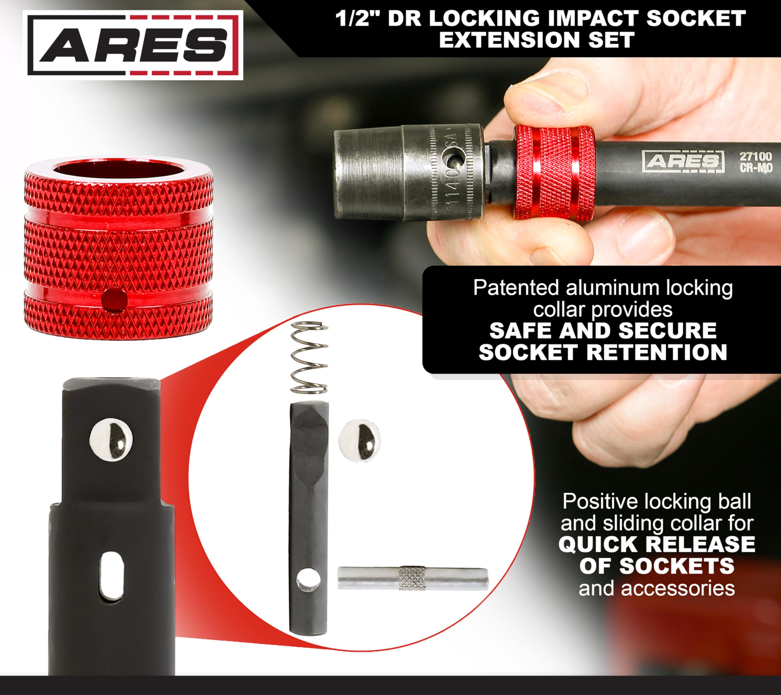 ARES 27098 – 3-Piece 1/2-Inch Drive Locking Impact Socket Extension Set – Aluminum Locking Ring Collar for Quick Release of Sockets and Accessories – 3-Inch, 6-Inch, and 12-Inch Extensions