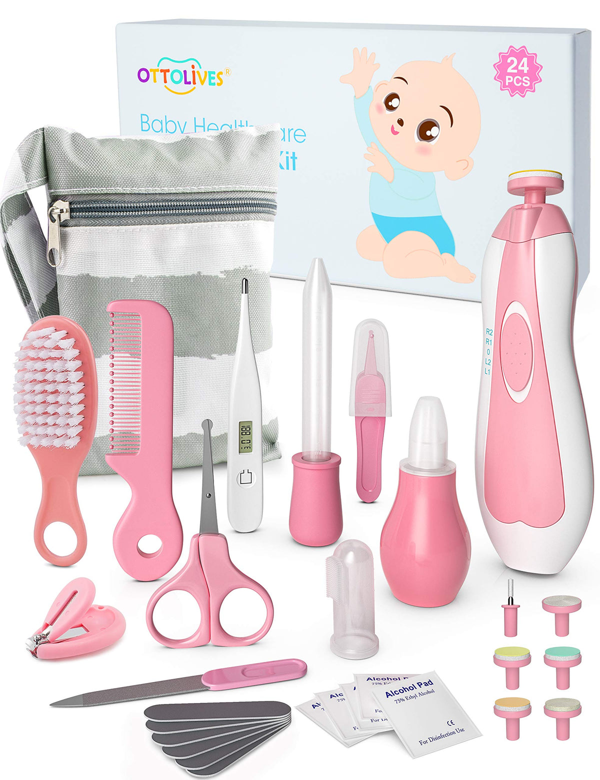 OTTOLIVES Baby Healthcare and Grooming Kit, Baby Electric Nail Trimmer Set Newborn Nursery Health Care Set for Newborn Infant Toddlers Baby Boys Girls Kids (Pink)