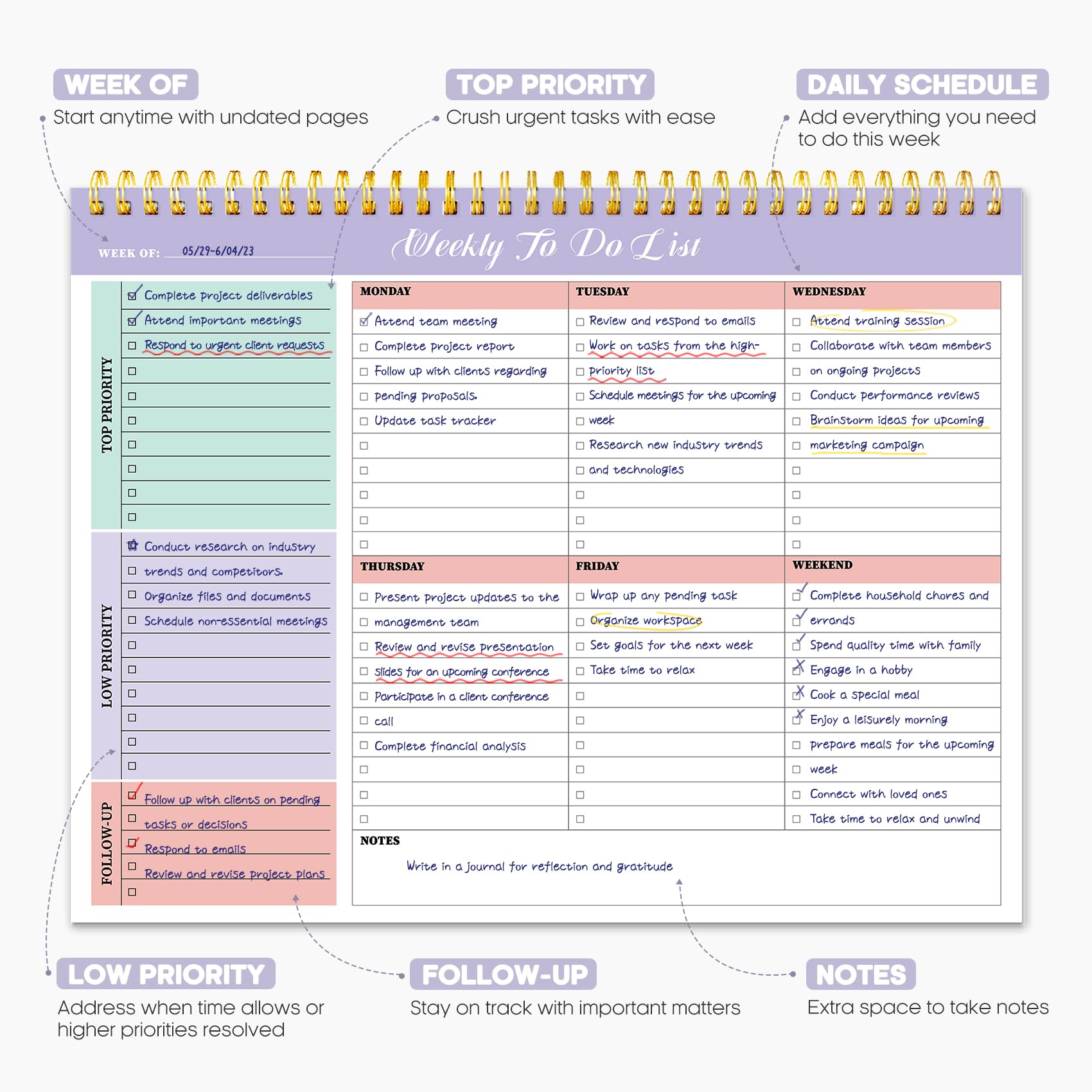 Weekly To Do List Notepad with 52 Undated Sheets（8.5"×11"）- Weekly Desk Planner for Women & Man, Work and Home - Violet Dream