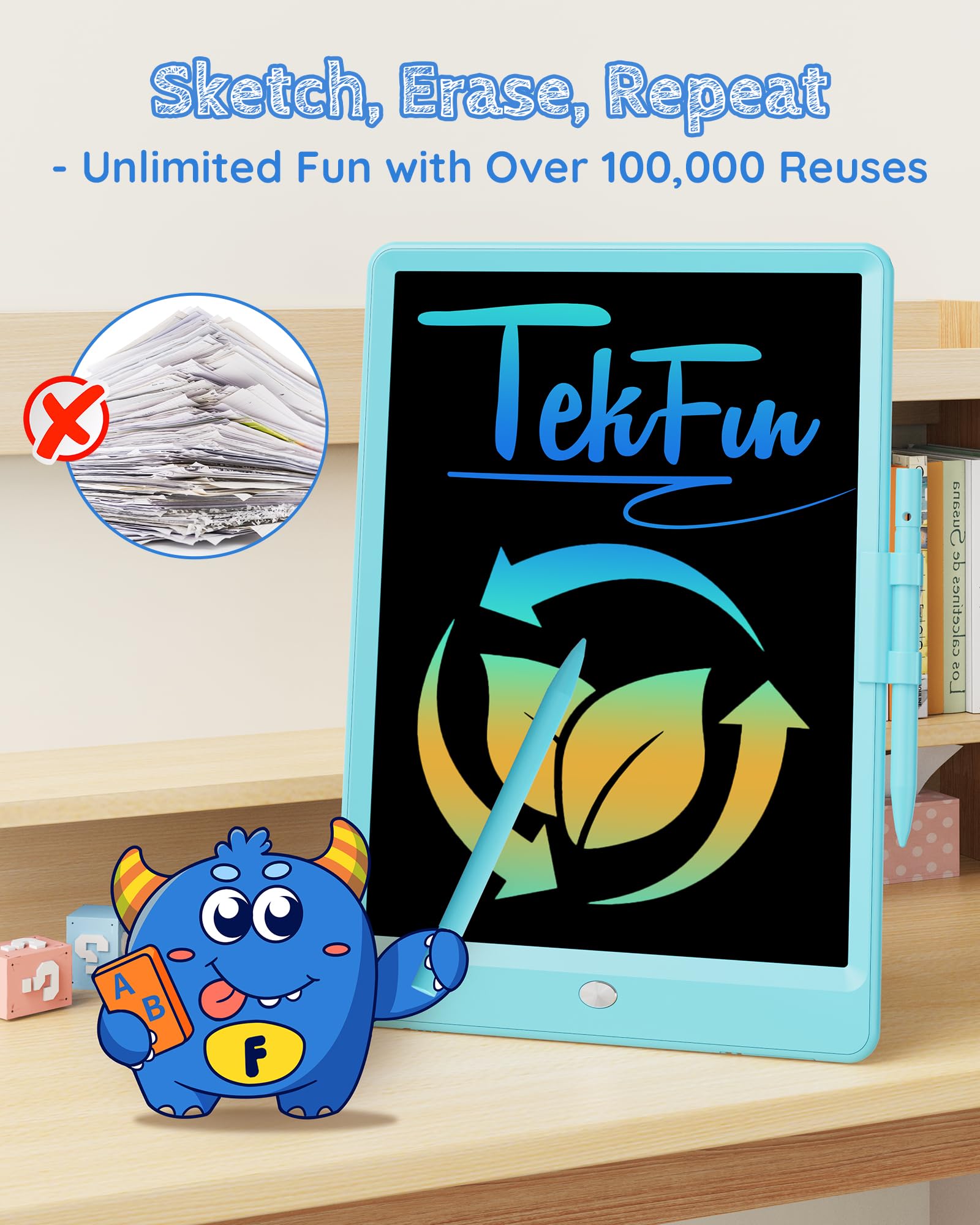 TEKFUN LCD Writing Tablet Doodle Board, 10inch Colorful Drawing Tablet Writing Pad, Kids Travel Essentials, Toddler Toys for 3 4 5 6 7 8 Year Old Girls Boys (Blue)