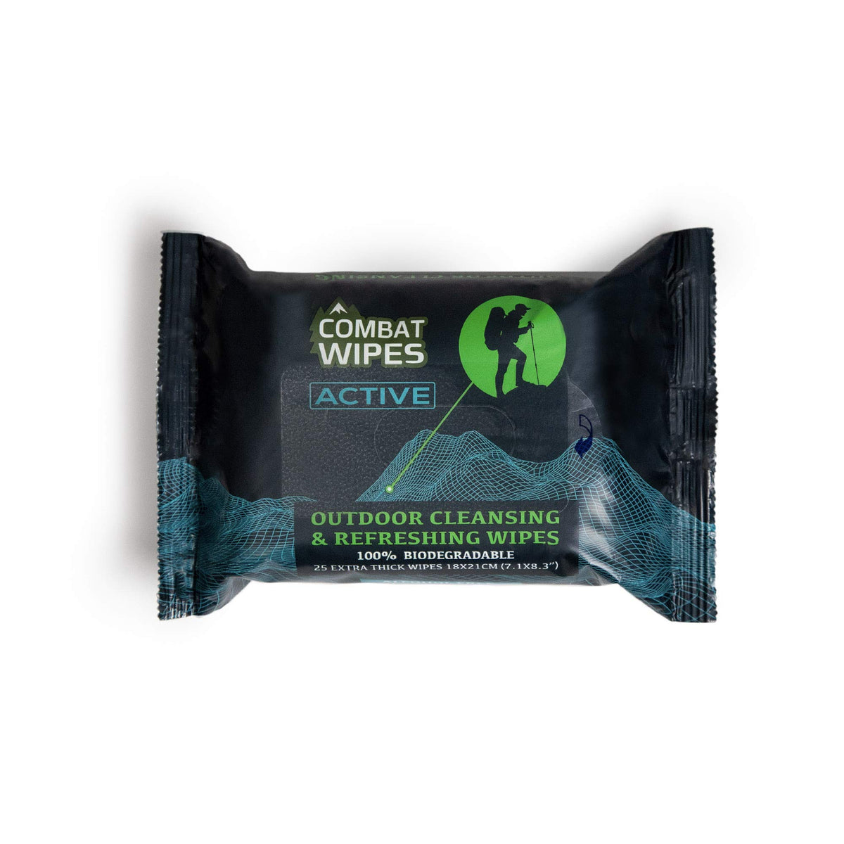 Combat Wipes ACTIVE Outdoor Wet Wipes - Extra Thick Camping Gear, Biodegradable, Body & Hand Cleansing/Refreshing Cloths for Backpacking & Gym w/Natural Aloe & Vitamin E (25 Wipes)