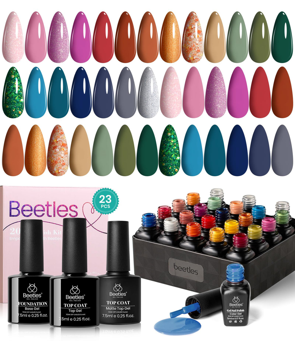 beetles Gel Nail Polish Set 23Pcs Stylish Retro Gel Nail Polish Kit Green Blue Red Glitter Gel Nail Polish Glossy & Matte Gel Top Coat Base Coat Soak Off Uv Nail Lamp