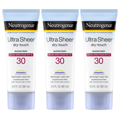 Neutrogena Ultra Sheer Dry-Touch Sunscreen Lotion, Broad Spectrum SPF 30 UVA/UVB Protection, Oxybenzone-Free, Water Resistant, Non-Comedogenic, Non-Greasy, Travel Size, 3 Fl Oz, Pack of 3