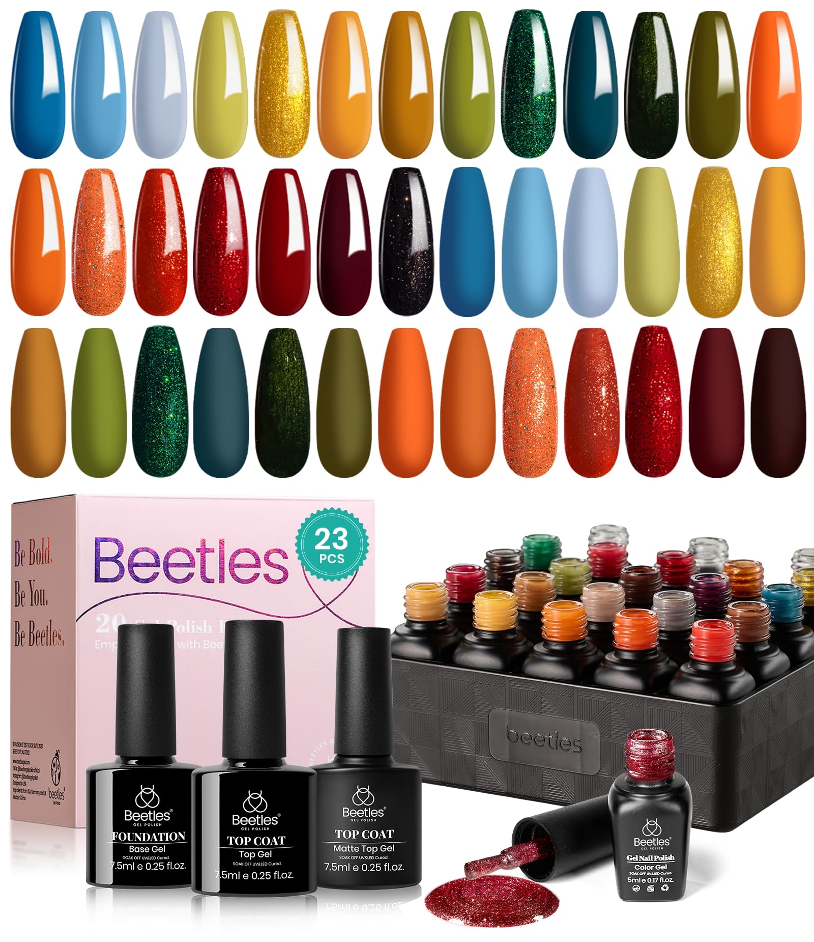 Beetles 20 Colors Gel Nail Polish Kit, Nail Gel Polish Red Yellow Orange Green Gel Polish Set with Glossy & Matte Gel Top Base Coat Soak Off Uv Gel Nail Lamp Gift for Women Gifts for Mom