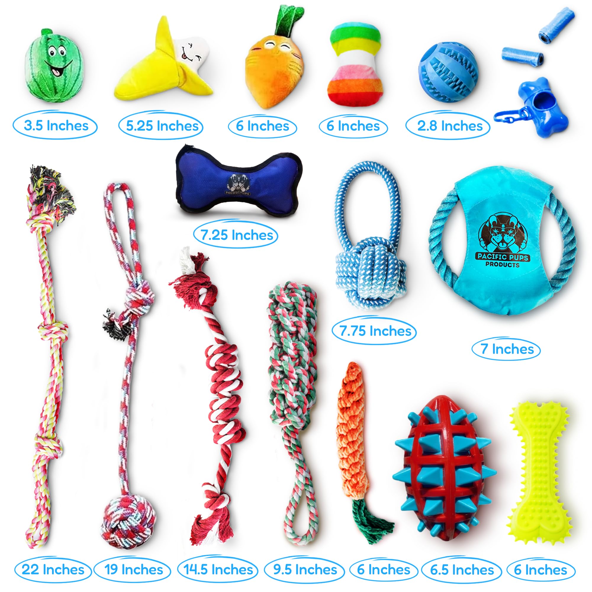 Pacific Pups 18 Piece Dog Toy Set - Plush, Rope & Chew Toys Support Non-Profit Dog Rescue