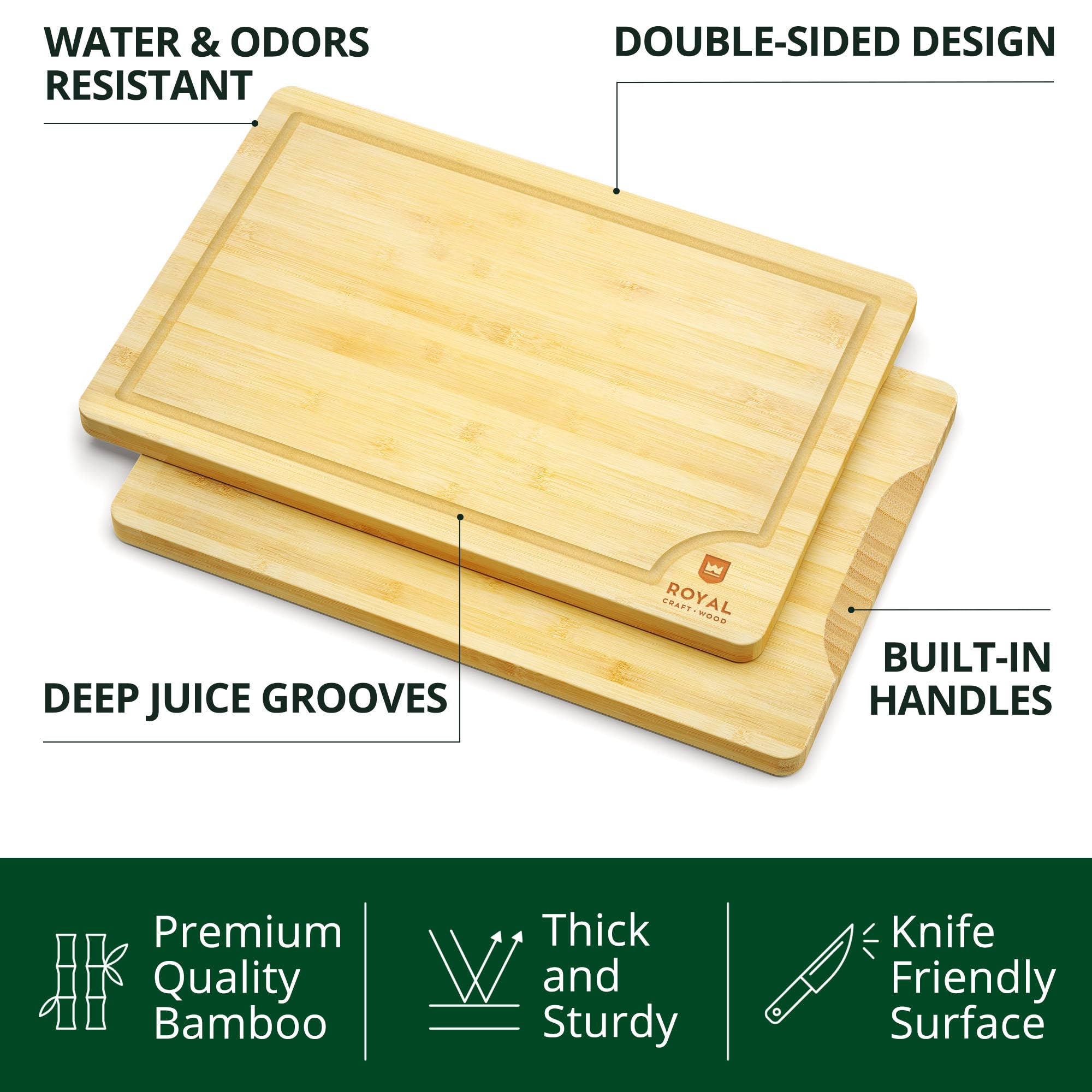 ROYAL CRAFT WOOD Cutting Boards for Kitchen - Bamboo Cutting Board Set of 3, Cutting Boards with Juice Grooves, Serving Board Set, Thick Chopping Board for Meat, Veggies, Easy Grip Handle