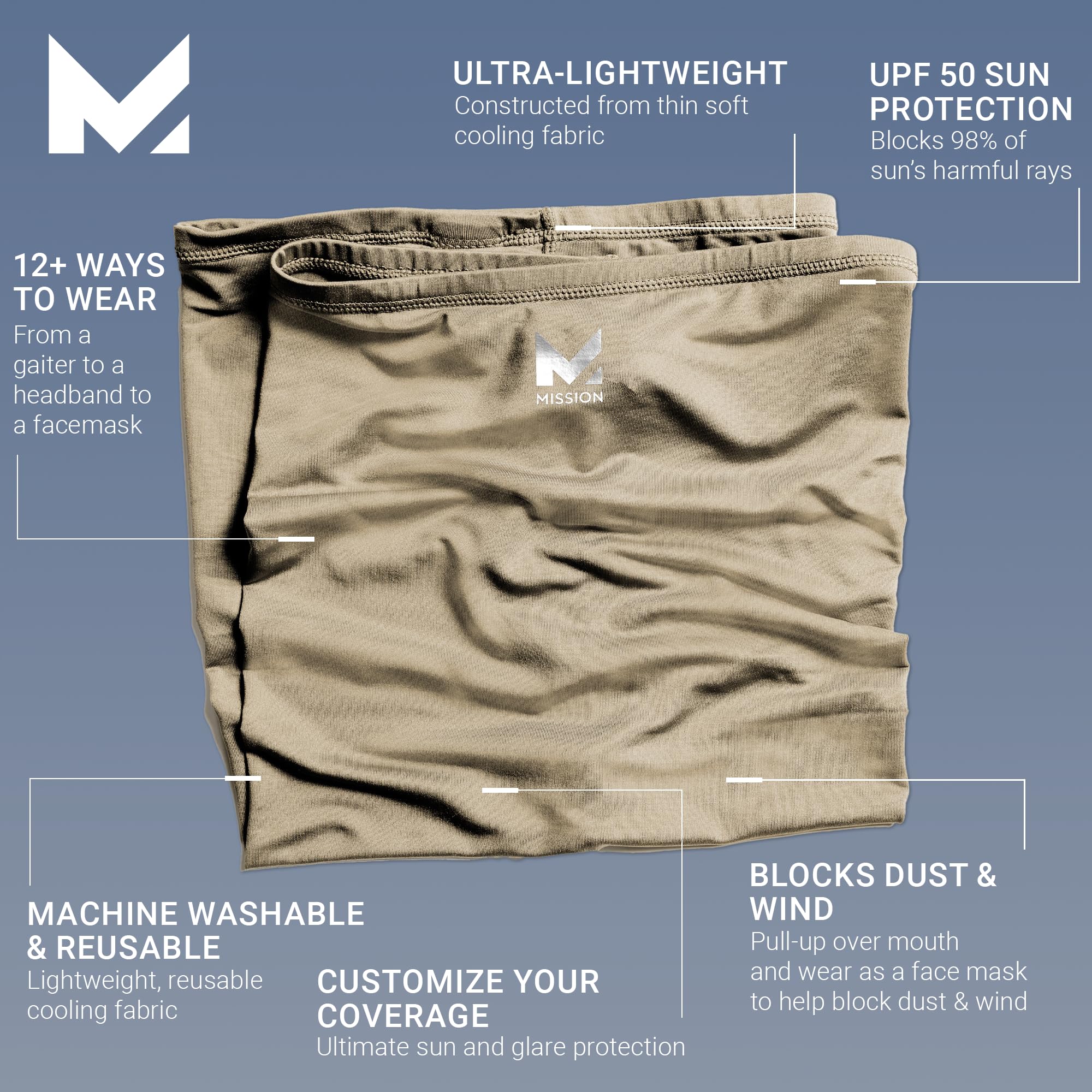 MISSION Cooling 12-in-1 Neck Gaiter, Sand - Lightweight & Durable - Cools Up to 2 Hours - UPF 50 Sun Protection - Machine Washable